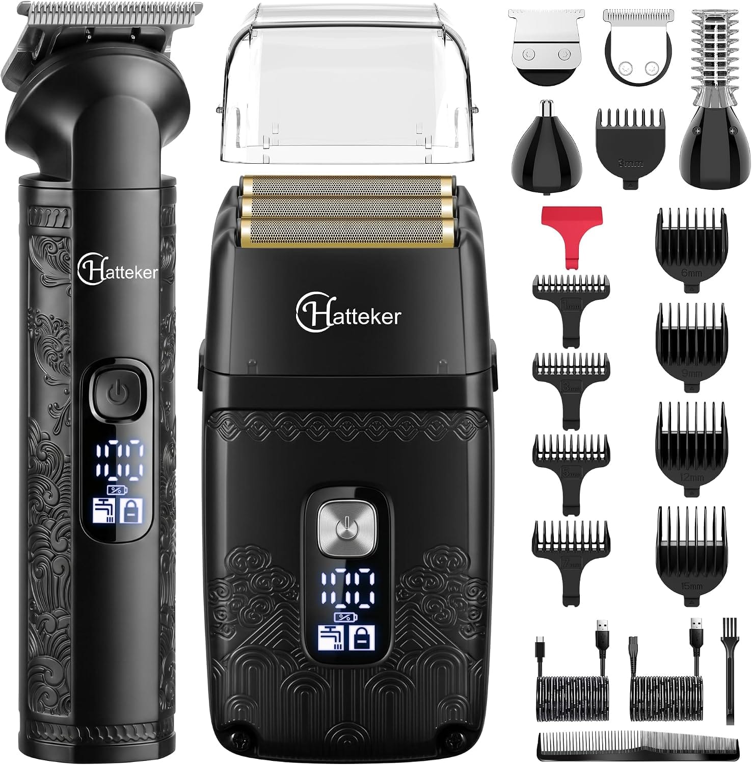 HATTEKER - 4-in-1 Men's Grooming Kit Hair Clipper T-Blade Beard Trimmer Detail Trimmer Nose Hair Trimmer & Foil Shaver - Black