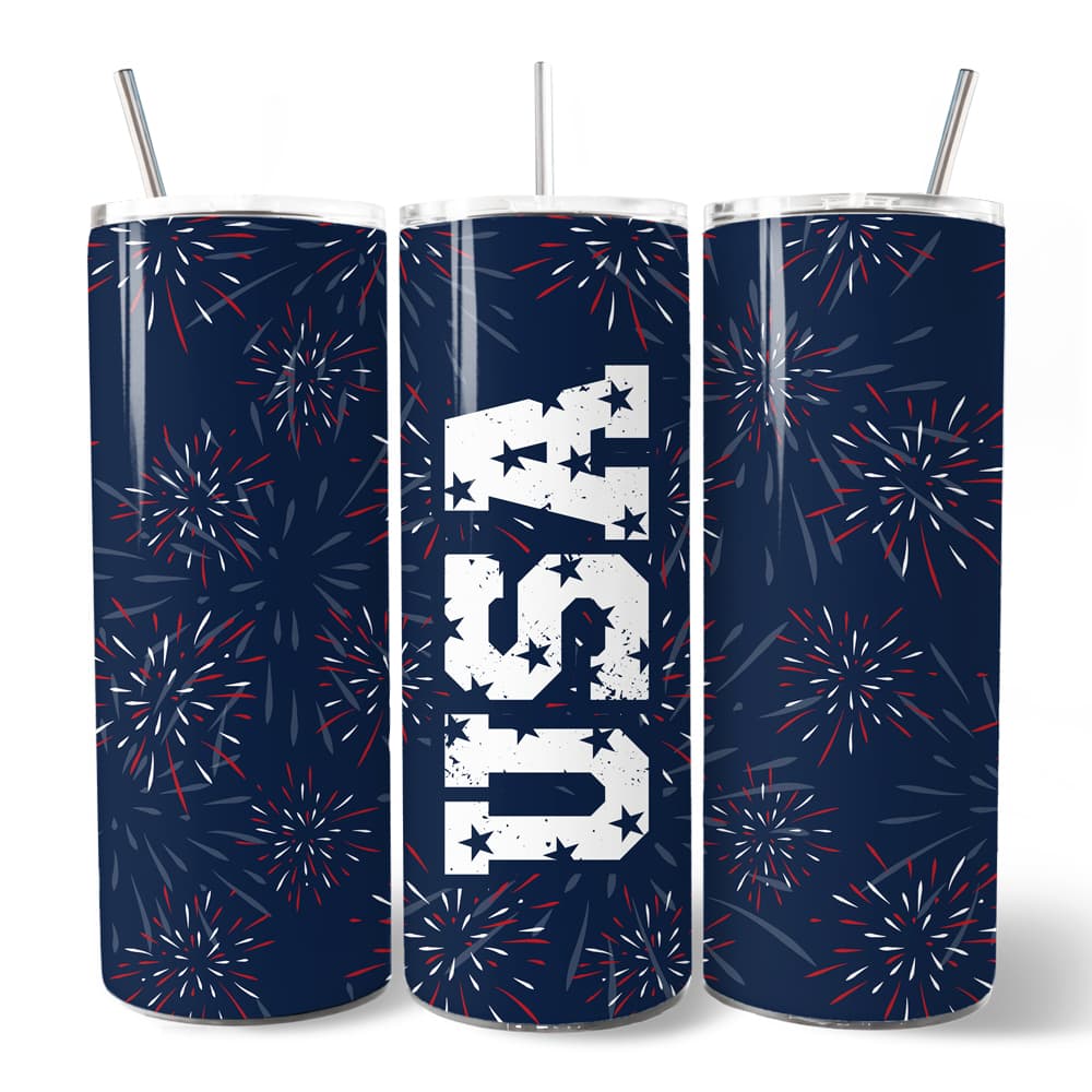 OrnamentallyYou - Vintage USA Block Letters 20oz Tumbler With Lid and Stainless Steel Straw, Independence Day Gift Cup - Multicolored