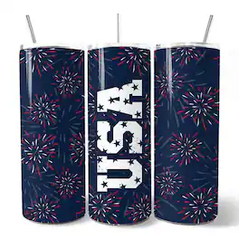OrnamentallyYou - Vintage USA Block Letters 20oz Tumbler With Lid and Stainless Steel Straw, Independence Day Gift Cup - Multicolored