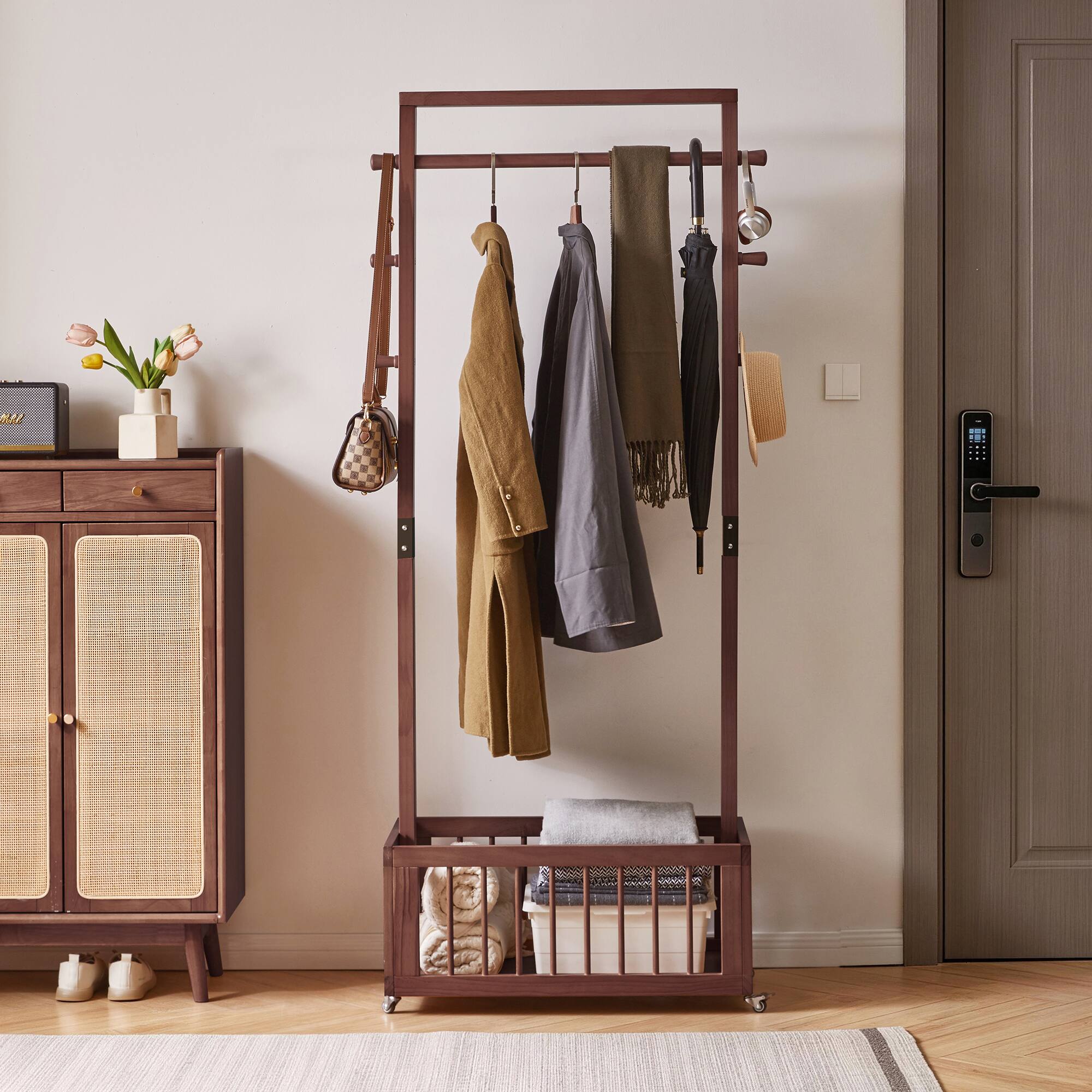 MERAVOM Solid Wood Freestanding Coat Rack with Rolling Wheels & Storage ...