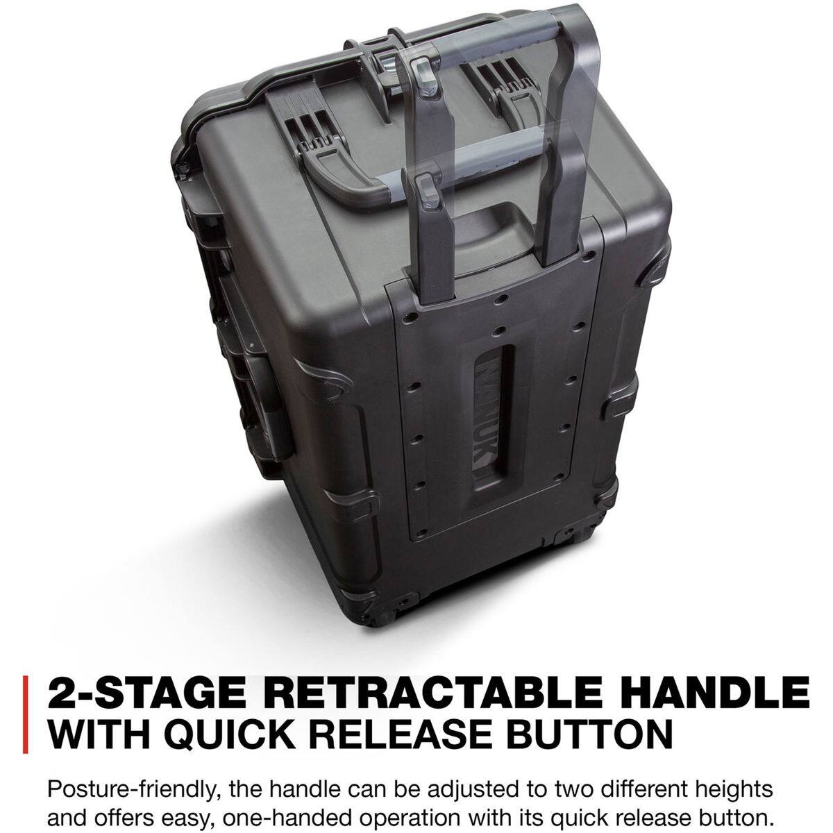 2-STAGE RETRACTABLE HANDLE WITH QUICK RELEASE BUTTON

Posture-friendly, the handle can be adjusted to two different heights and offers easy, one-handed operation with its quick release button.