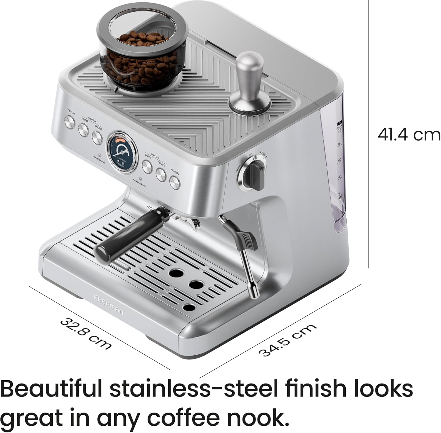 41.4 cm  
32.8 cm  
34.5 cm  

Beautiful stainless-steel finish looks great in any coffee nook.