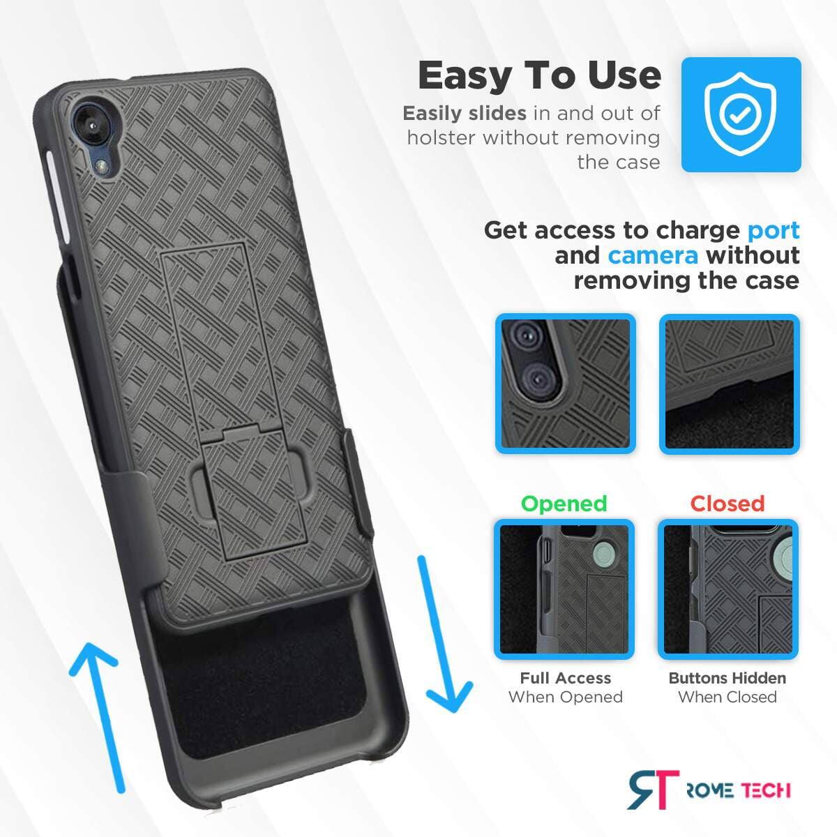 Easy To Use  
Easily slides in and out of holster without removing the case  

Get access to charge port and camera without removing the case  

Opened  
Full Access When Opened  

Closed  
Buttons Hidden When Closed  

ROME TECH