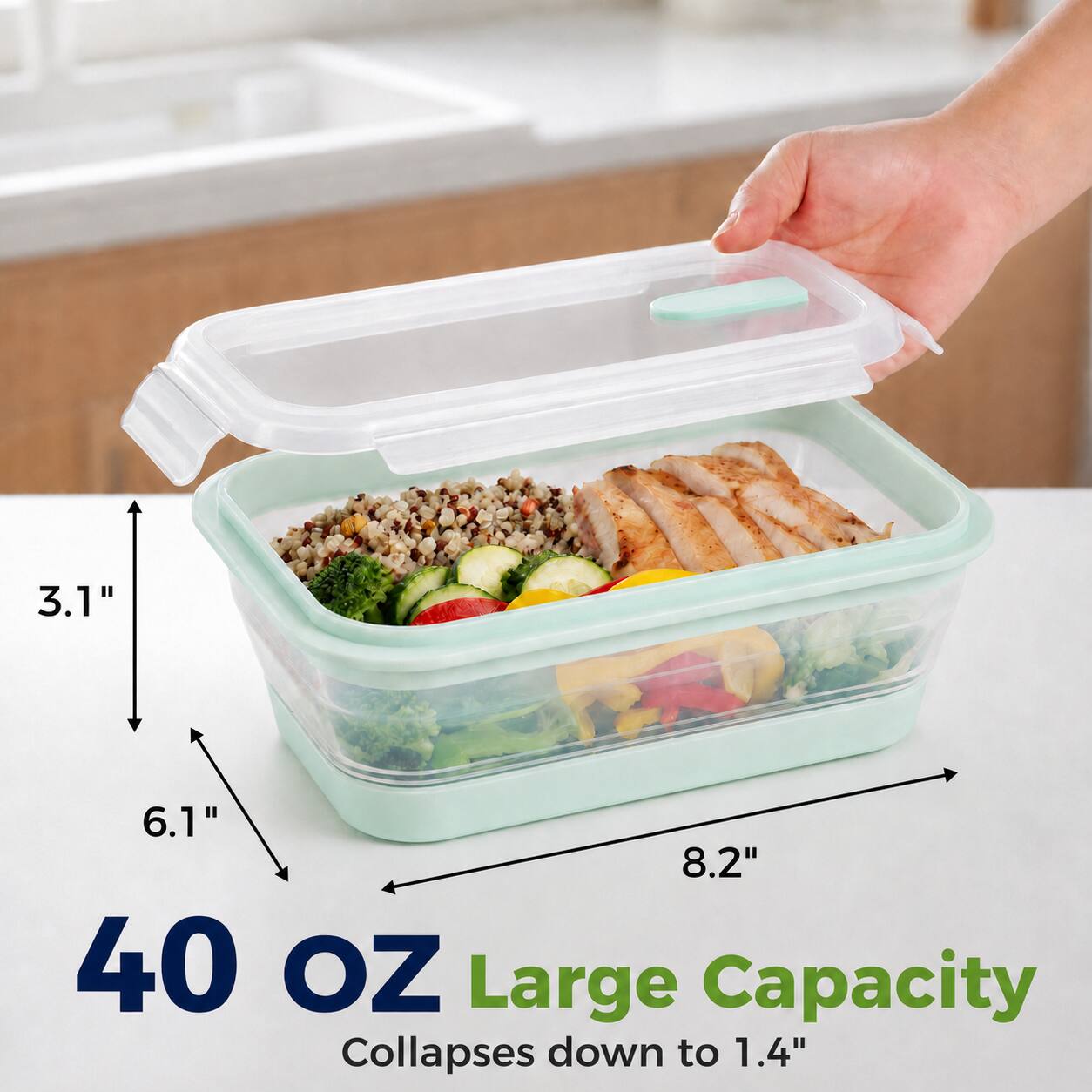 3.1"  
6.1"  
8.2"  
40 OZ Large Capacity Collapses down to 1.4"