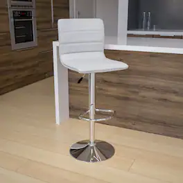 Emma + Oliver - Coti Modern Channel Tufted Upholstered Height Adjustable Mid-Back Stool and Pedestal Base with Footrest - White Vinyl/Chrome Frame
