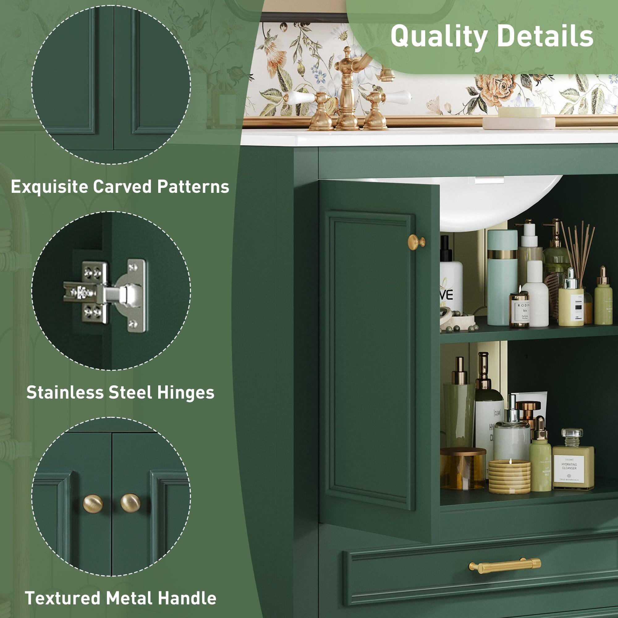 Quality Details  
- Exquisite Carved Patterns  
- Stainless Steel Hinges  
- Textured Metal Handle