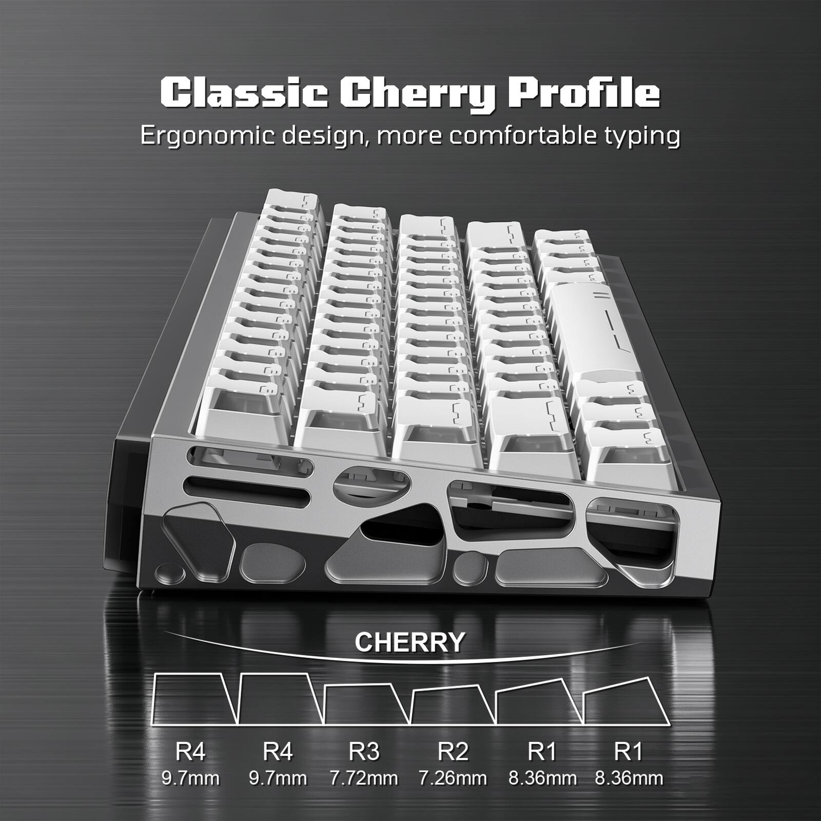 Classic Cherry Profile  
Ergonomic design, more comfortable typing

LG 2 2 5

CHERRY  
R4 R4 R3 R2 R1 R1  
9.7mm 9.7mm 7.72mm 7.26mm 8.36mm 8.36mm