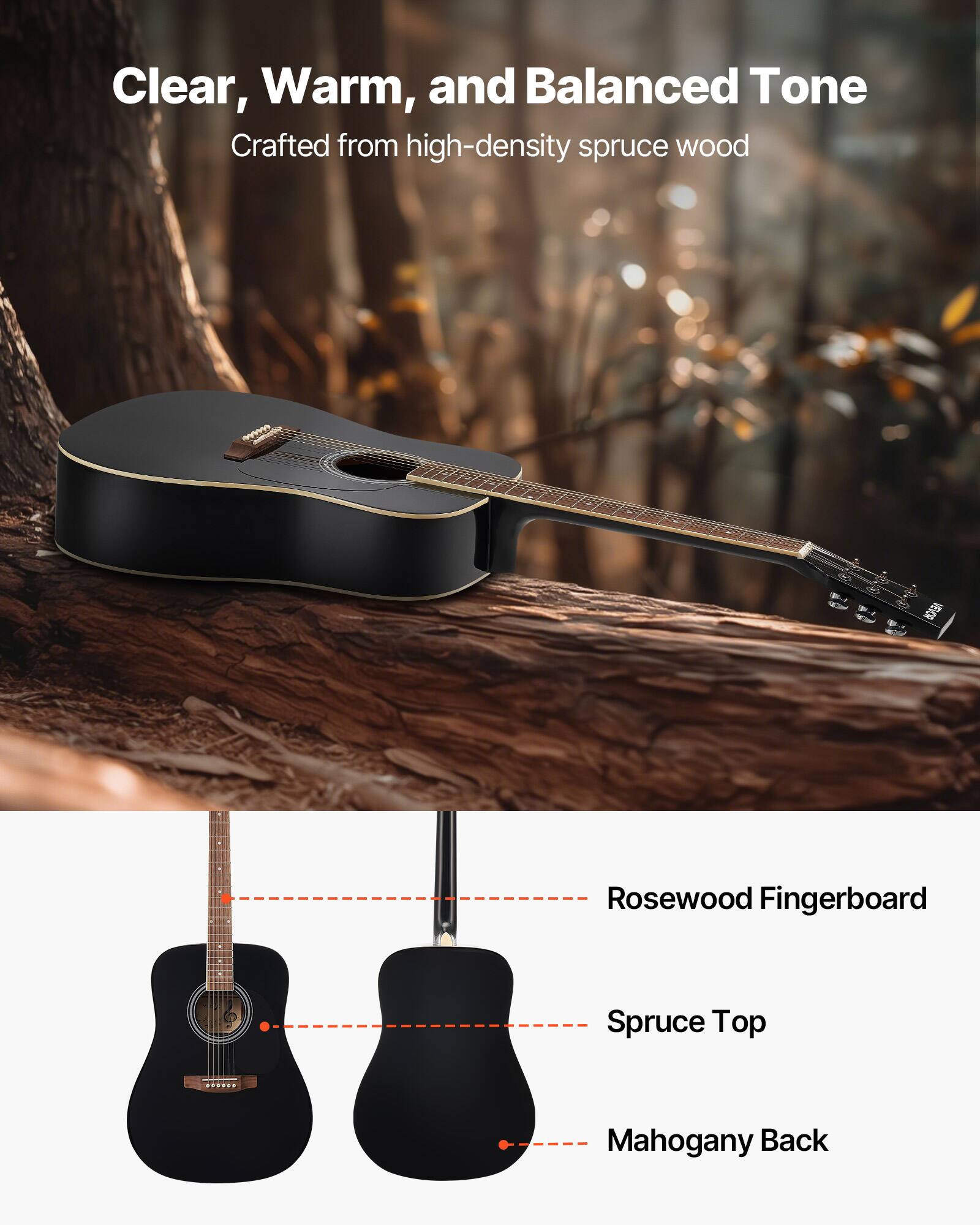 Clear, Warm, and Balanced Tone  
Crafted from high-density spruce wood  

- Rosewood Fingerboard  
- Spruce Top  
- Mahogany Back