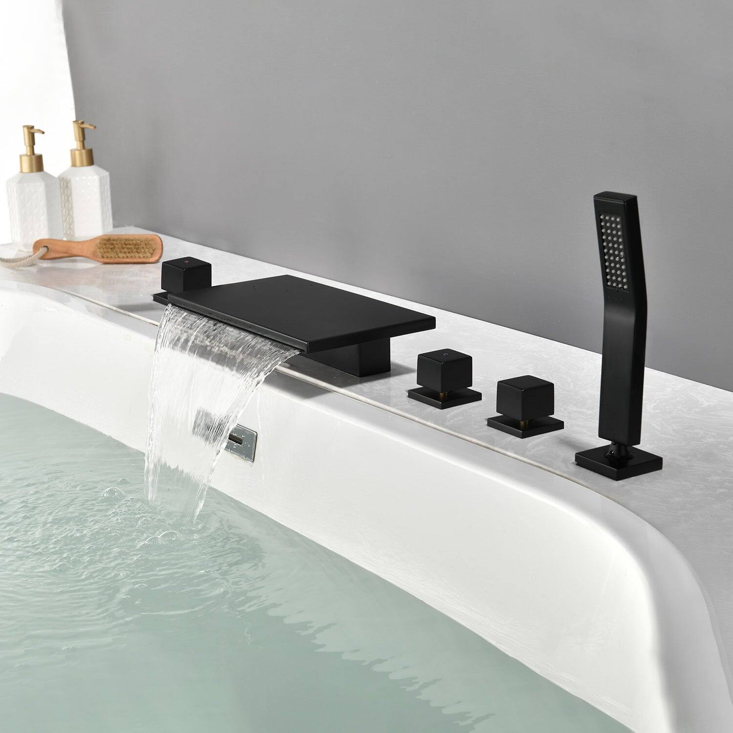 Alt View 3. Boyel Living - Black Five-Hole Waterfall Bath Faucet with Handheld Shower SUS304 Material cUPC Certified - Matte Black.