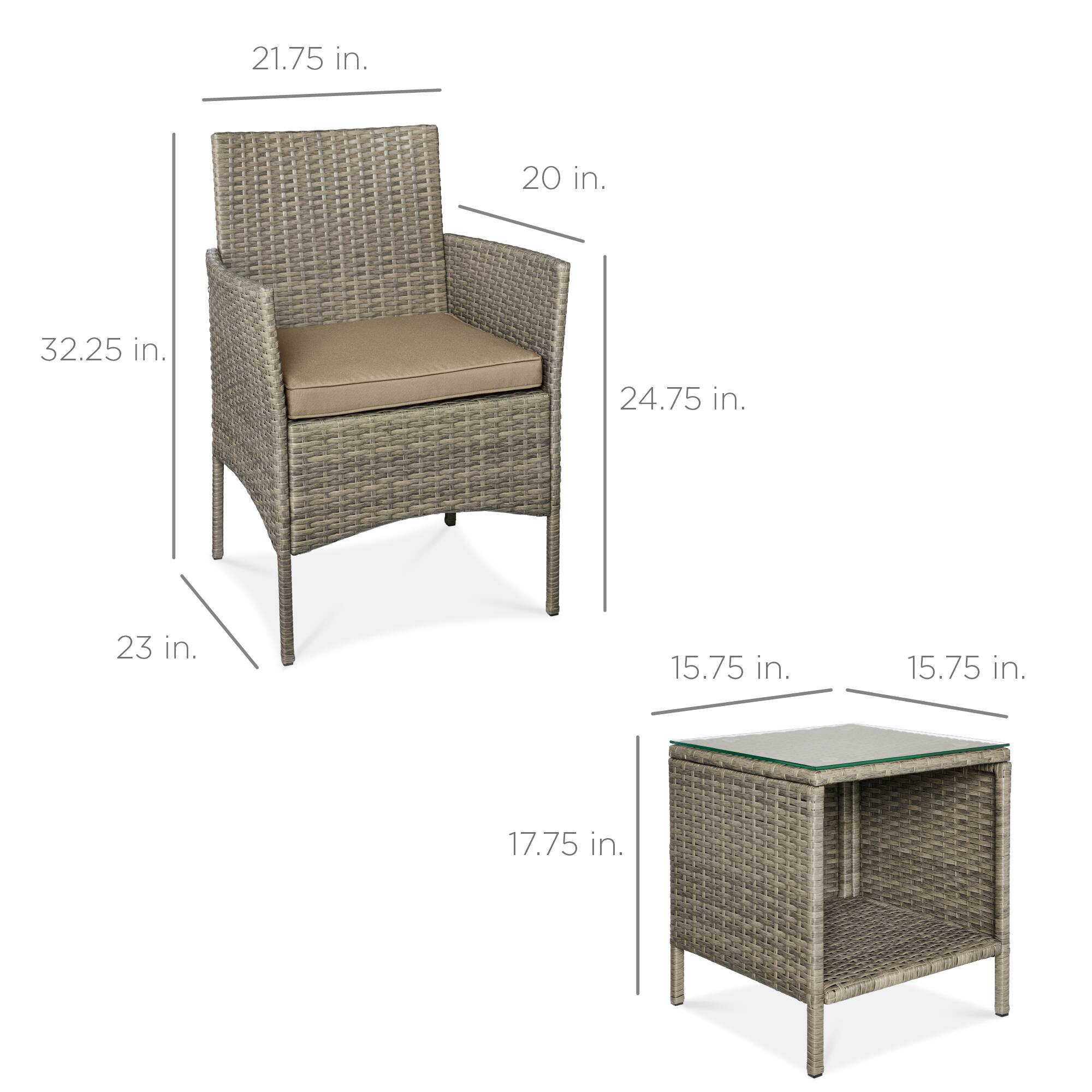 - Chair:
  - Height: 32.25 in.
  - Width: 21.75 in.
  - Depth: 24.75 in.
  - Seat Height: 17.75 in.
  - Armrest Height: 20 in.
  - Base Width: 23 in.

- Table:
  - Height: 15.75 in.
  - Width: 15.75 in.
  - Depth: 15.75 in.