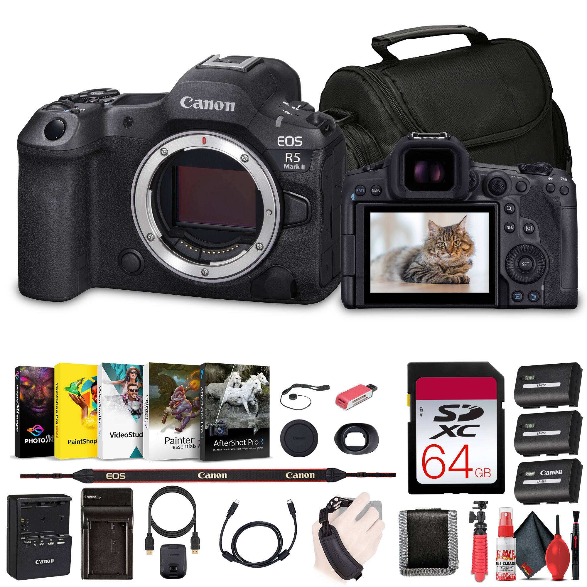 Canon EOS R5 Mark II  
64 GB SD XC  
VideoStud  
PHOTO  
PaintShop  
Painter essentials  
AfterShot Pro  
Canon SP XC  
Canon  
EOS