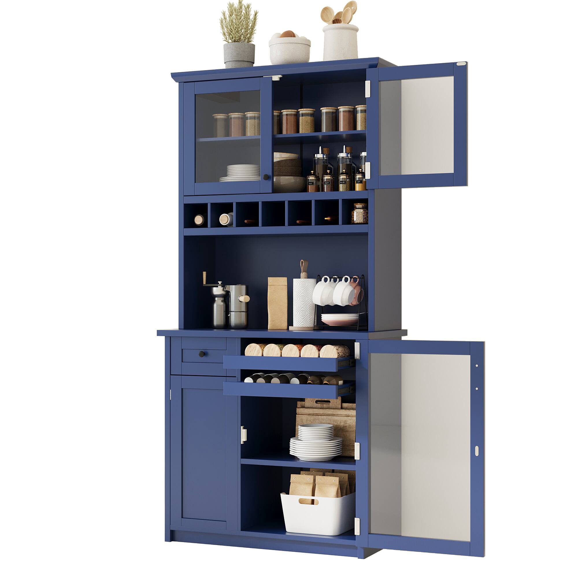 Back. Spaco - Spaco 35" Farmhouse Pantry Cabinet Buffet, Freestanding Kitchen Hutch with Wine Rack, Adjustable Shelves for Dining Room - Blue.