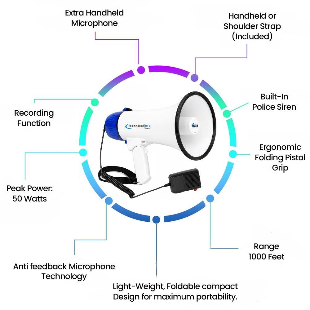 Extra Handheld Microphone  
Handheld or Shoulder Strap (Included)  
Recording Function  
Built-In Police Siren  
Ergonomic Folding Pistol Grip  
Peak Power: 50 Watts  
Range 1000 Feet  
Anti feedback Microphone Technology  
Light-Weight, Foldable compact Design for maximum portability.
