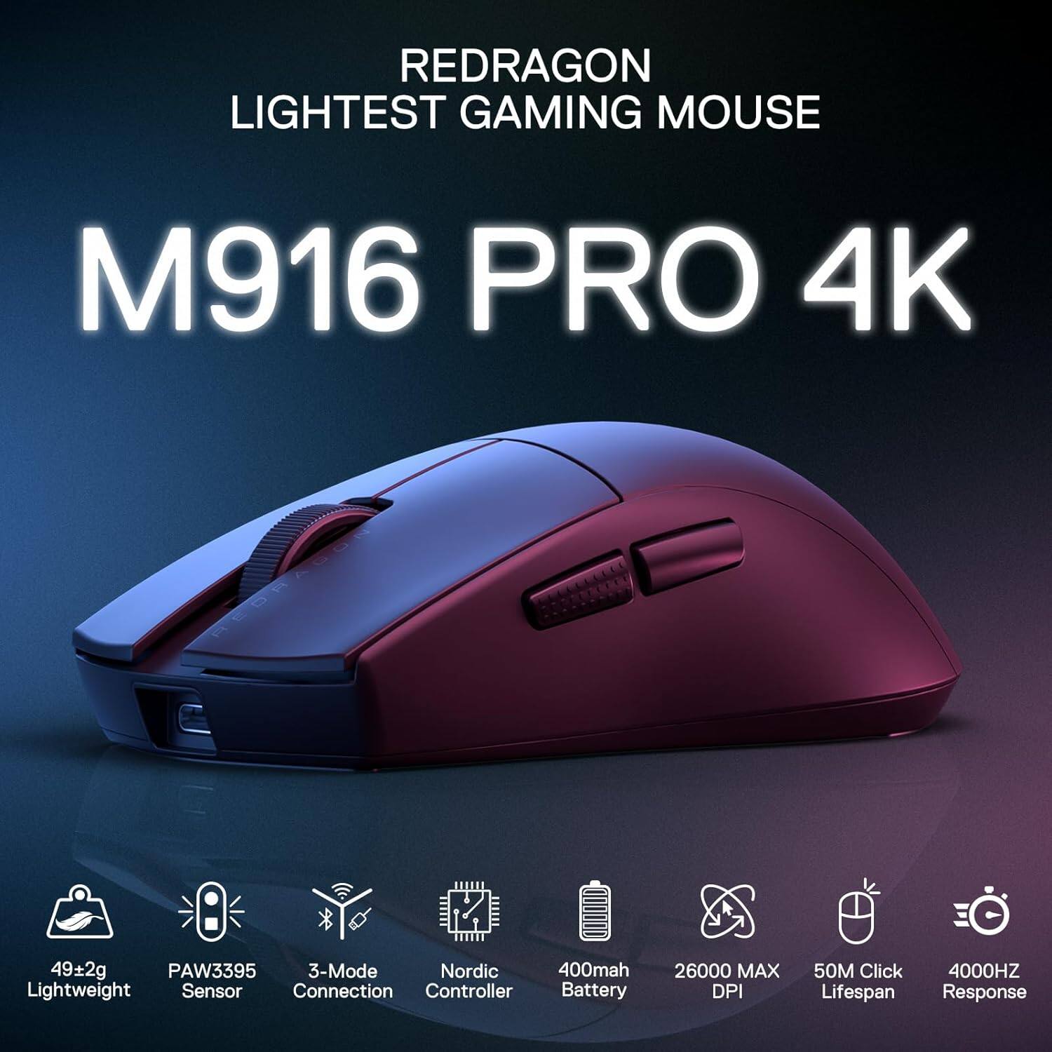 REDRAGON LIGHTEST GAMING MOUSE  
M916 PRO 4K  
49±2g Lightweight  
PAW3395 Sensor  
3-Mode Connection  
Nordic Controller  
400mAh Battery  
26000 MAX DPI  
50M Click Lifespan  
4000HZ Response
