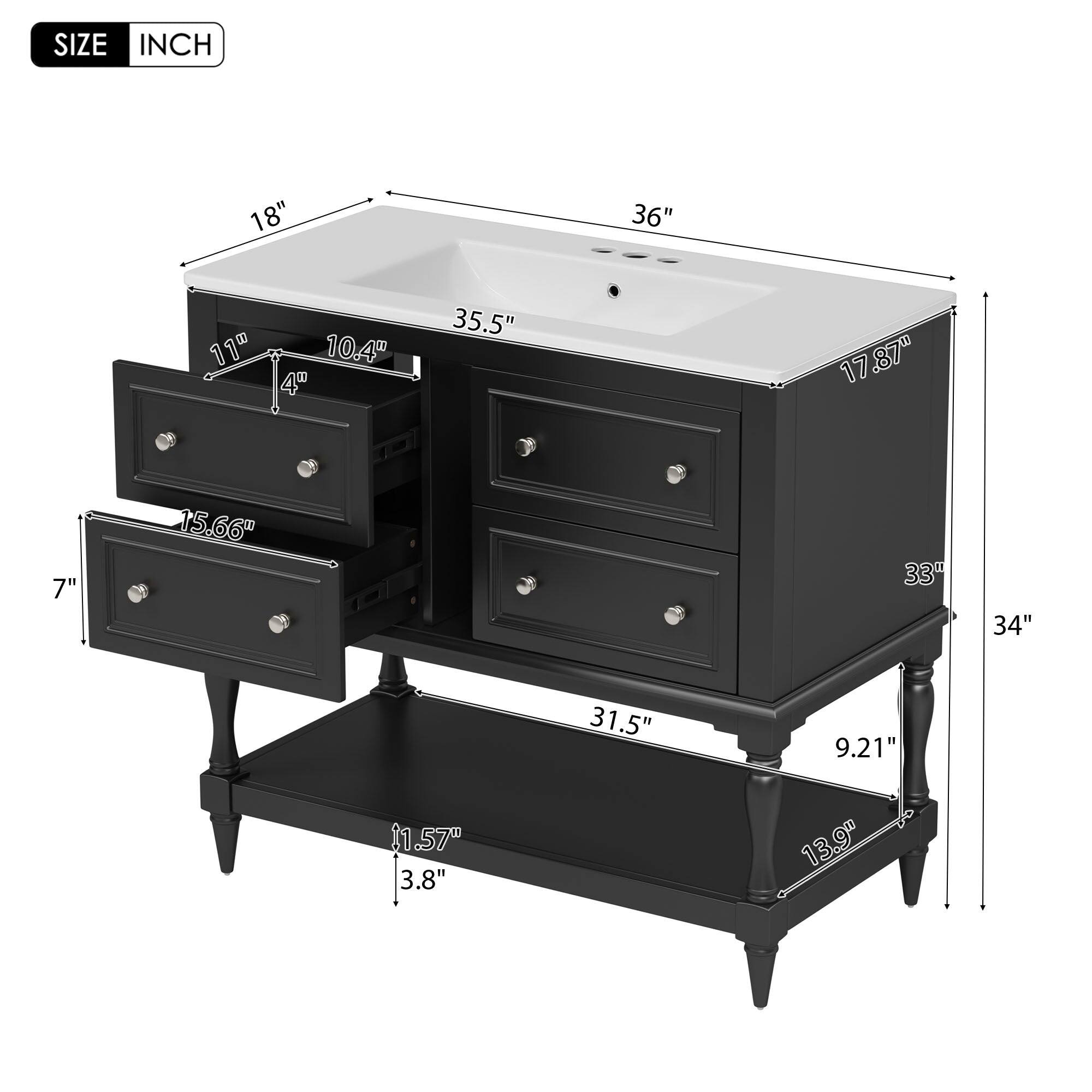 SIZE INCH  
18" 36" 11" 10.4" 4" 35.5" 17.87" 7" 15.66" 33" 34" 31.5" 9.21" 1.57" 3.8" 13.9"