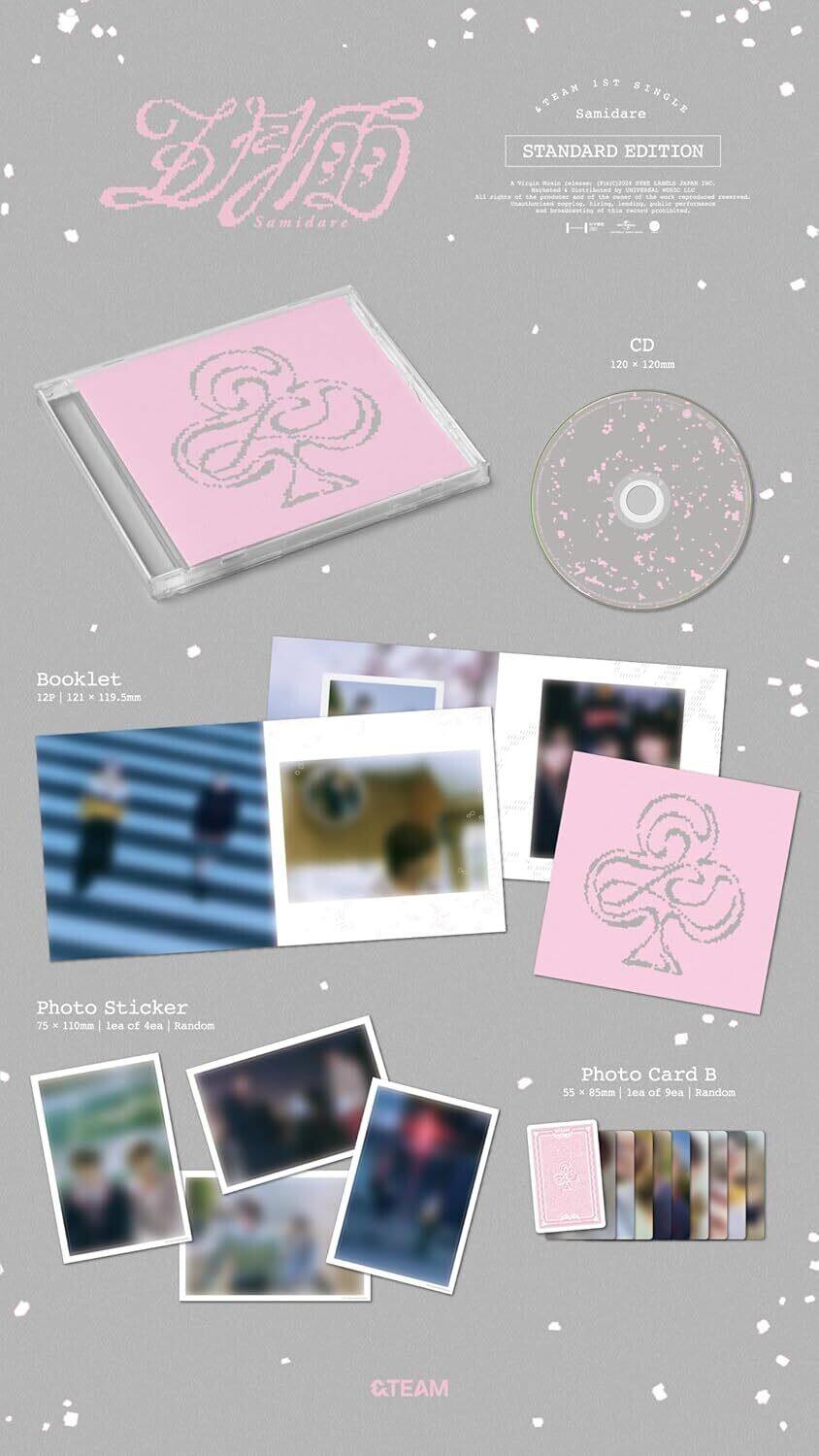 1ST & TEAM Samidare SINGLE STANDARD EDITION  
Samidare  
JAPAN LE F  
CD 120mm  
Booklet 12P 121 x 119.5mm  
Photo Sticker 75 x 110mm (lea of 4ea) Random  
Photo Card 55 x 85mm (lea of 9ea) Random  
CTEAM