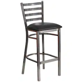 Emma + Oliver - Clear Coated Ladder Back Metal Restaurant Dining Barstool - Black Vinyl Seat/Clear Coated Metal Frame