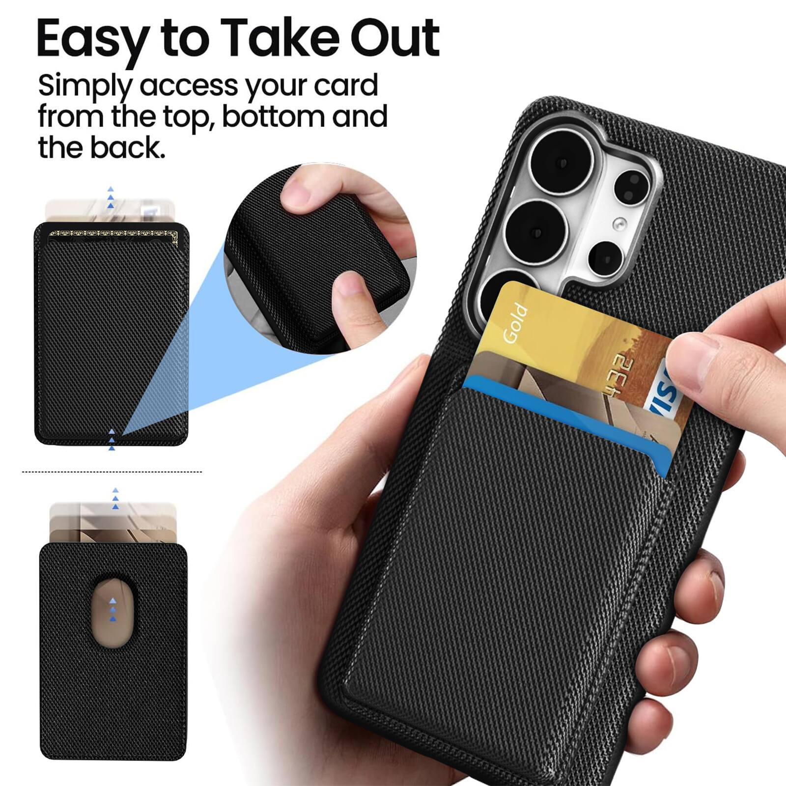 Easy to Take Out  
Simply access your card from the top, bottom and the back.