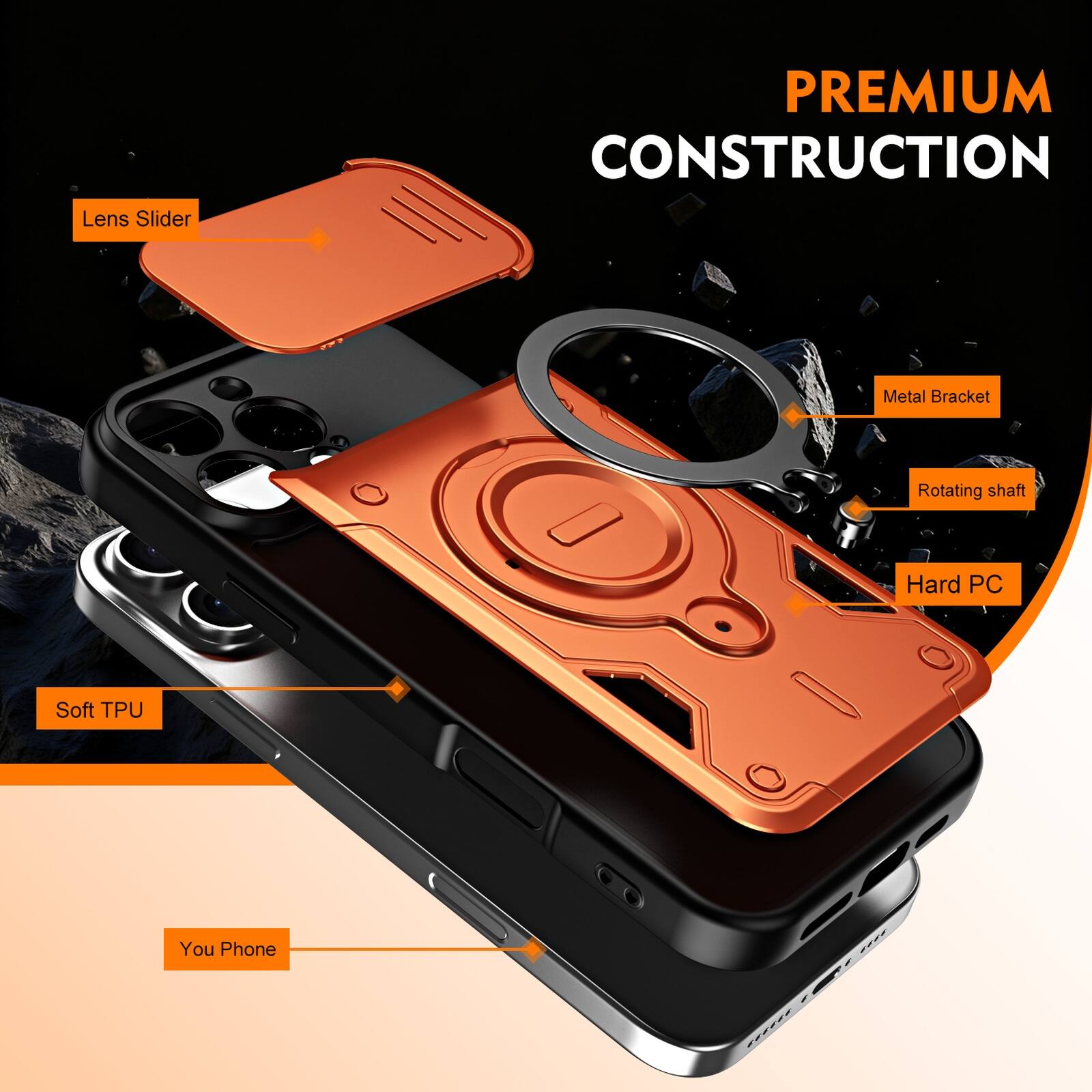 Lens Slider  
PREMIUM CONSTRUCTION  
Metal Bracket  
Rotating shaft  
Hard PC  
Soft TPU  
You Phone