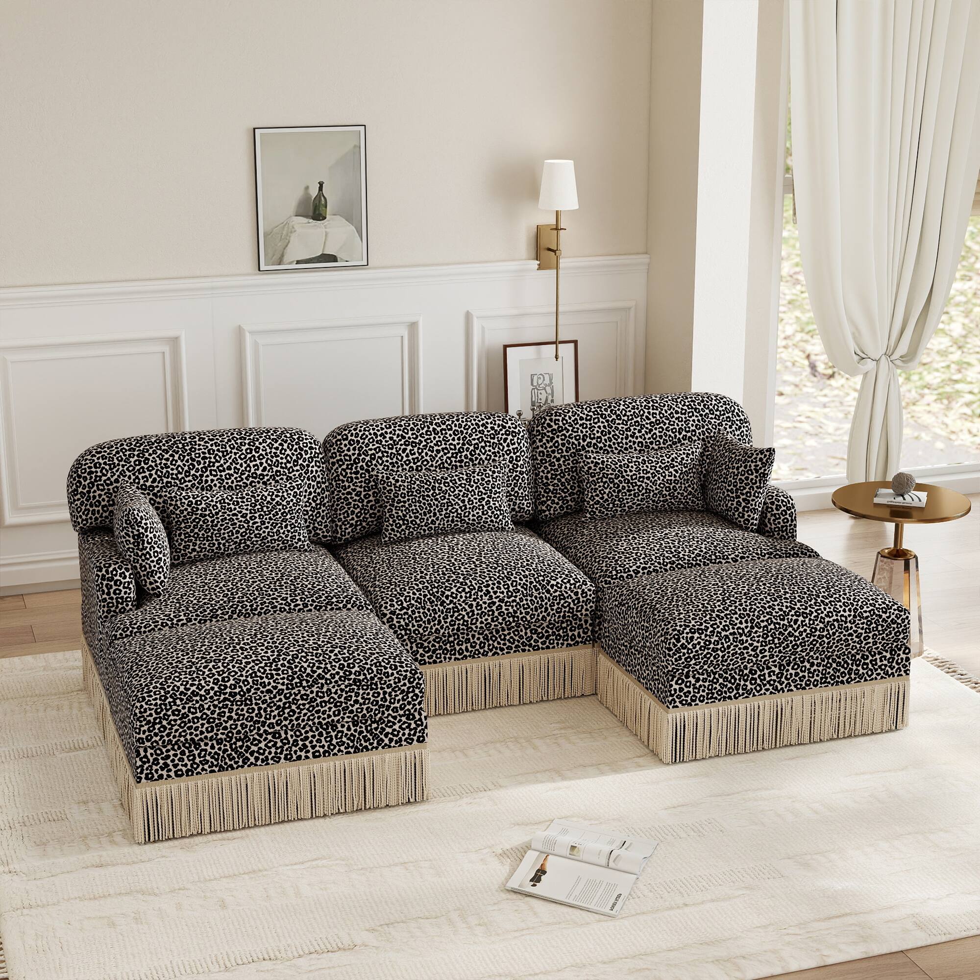 Left. Anysun - 100" U-Shaped Chenille Leopard Print Sofa with Movable Ottomans & Tassel Edge, Ergonomic Deep Seat for Living Room - khaki.