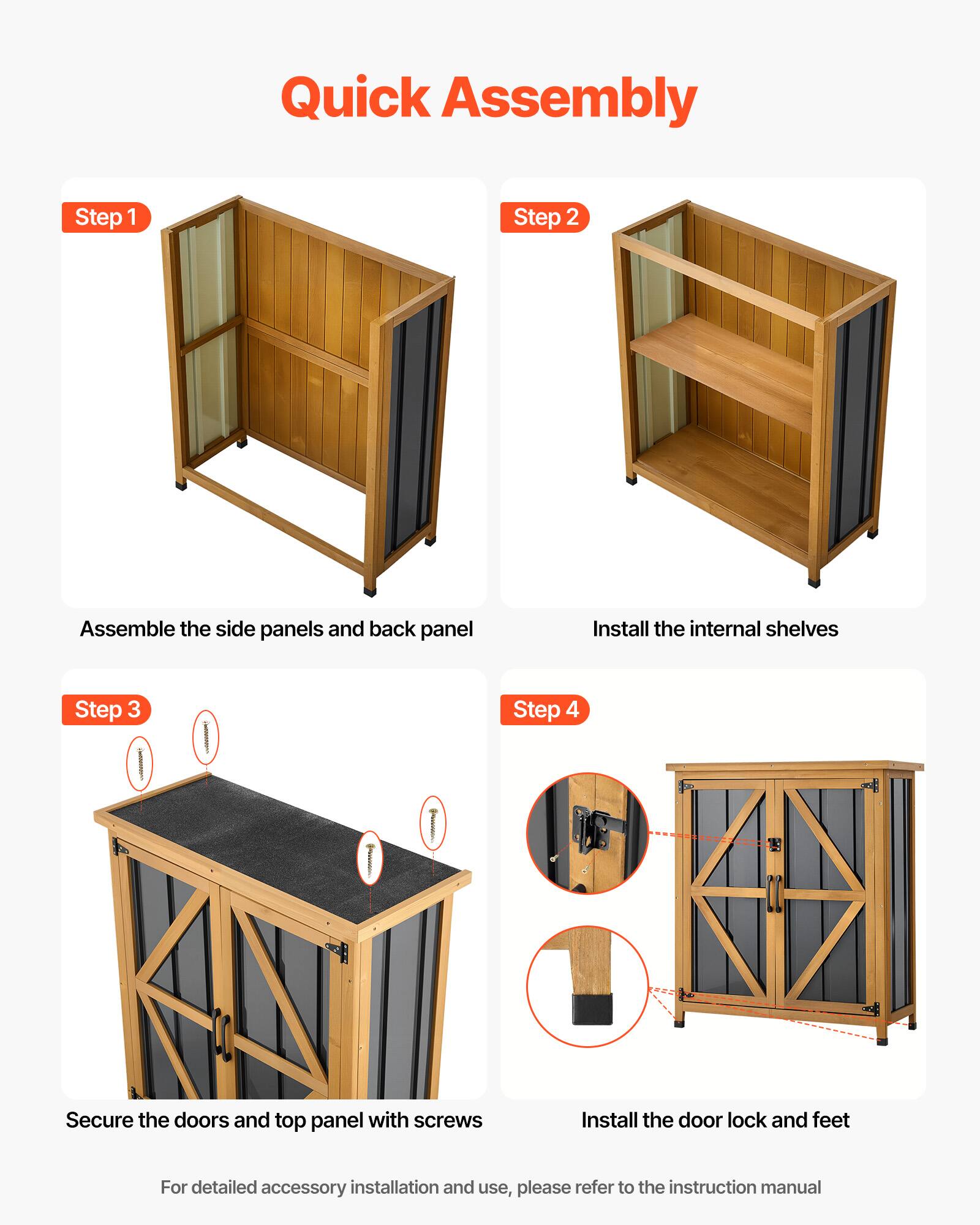 Quick Assembly

Step 1: Assemble the side panels and back panel

Step 2: Install the internal shelves

Step 3: Secure the doors and top panel with screws

Step 4: Install the door lock and feet

For detailed accessory installation and use, please refer to the instruction manual