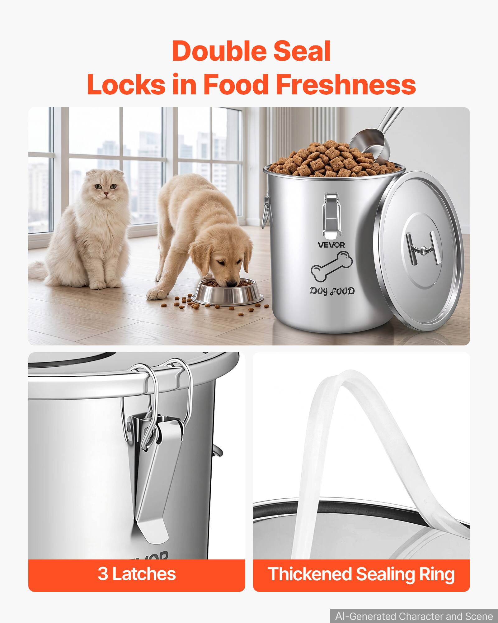 Double Seal Locks in Food Freshness

VEVOR

Dog FOOD

3 Latches

Thickened Sealing Ring

AI-Generated Character and Scene