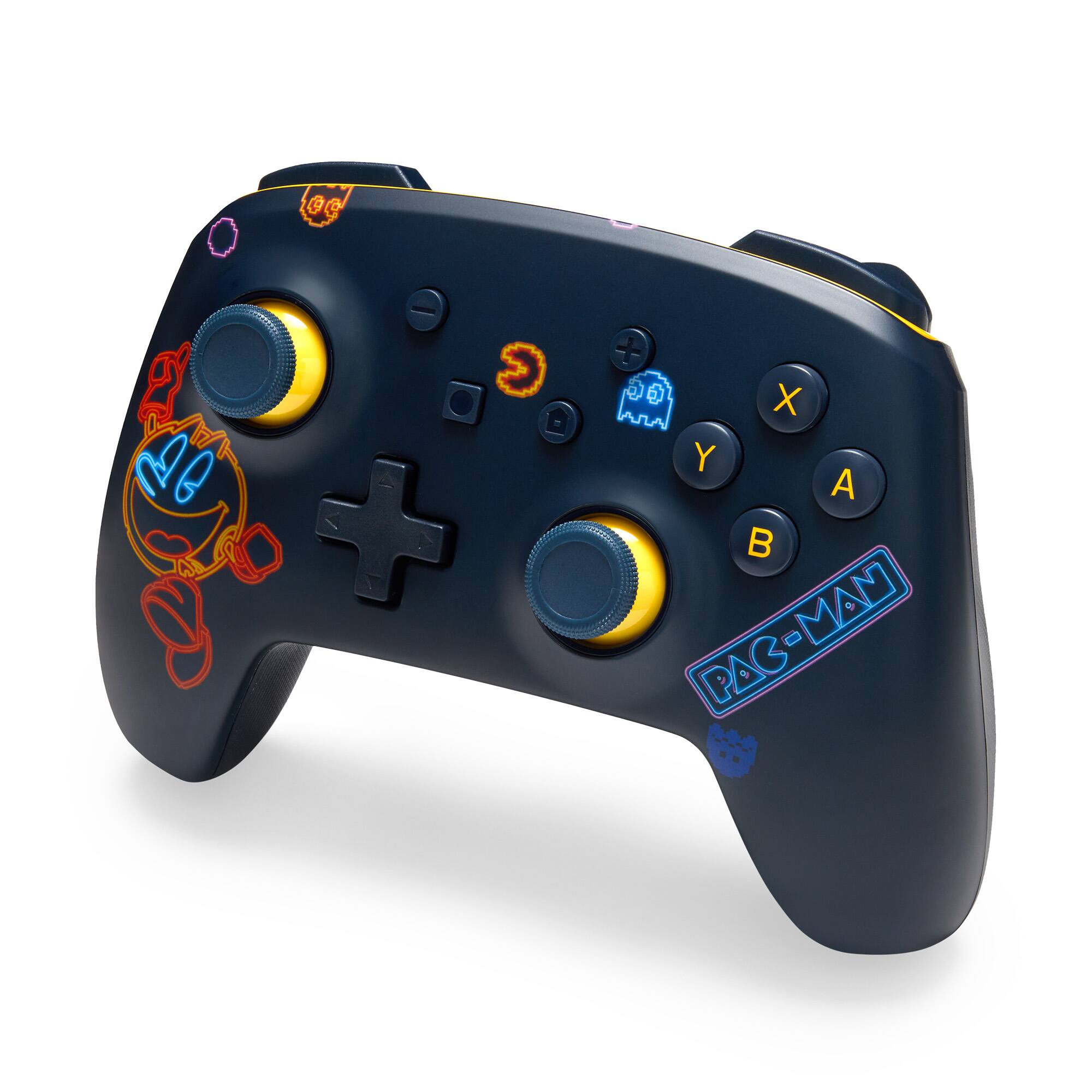The image features a black video game controller with various buttons, including a Pac-Man sticker. The buttons are labeled with the letters A, B, X, Y, and O, as well as a plus sign. The controller is designed for the Xbox One gaming console.