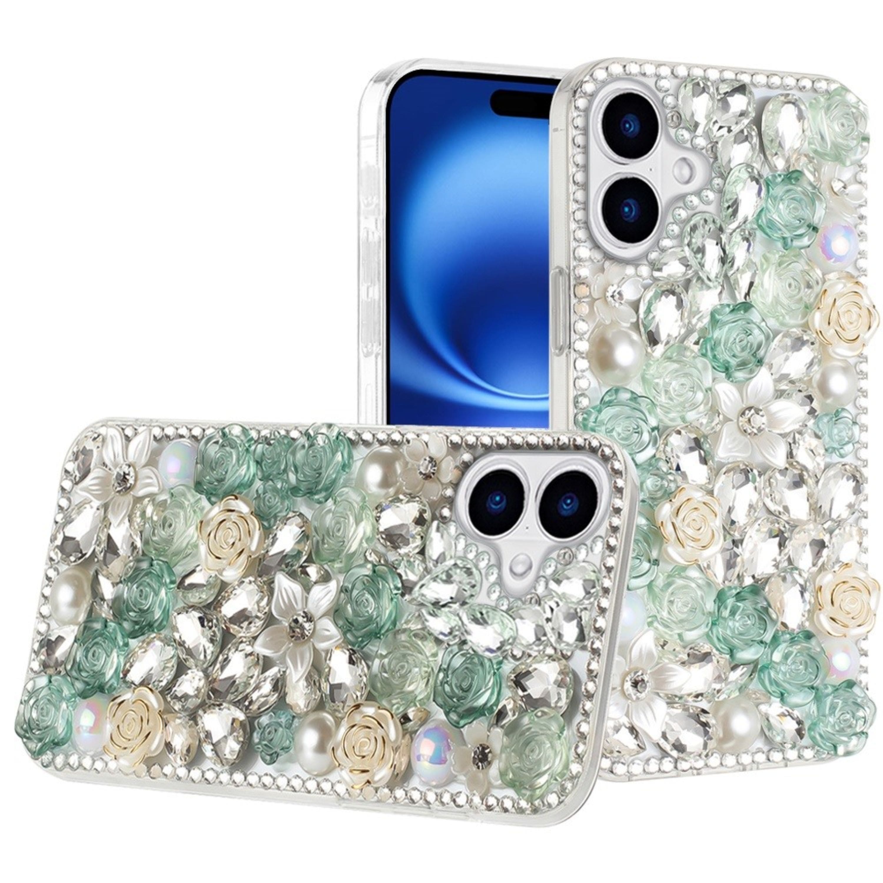 Kitcheniva - Full Jewel with 3D Roses Bling Phone Cover Plus Tempered Glass For iPhone 17 - Green price history on PriceWatchPro