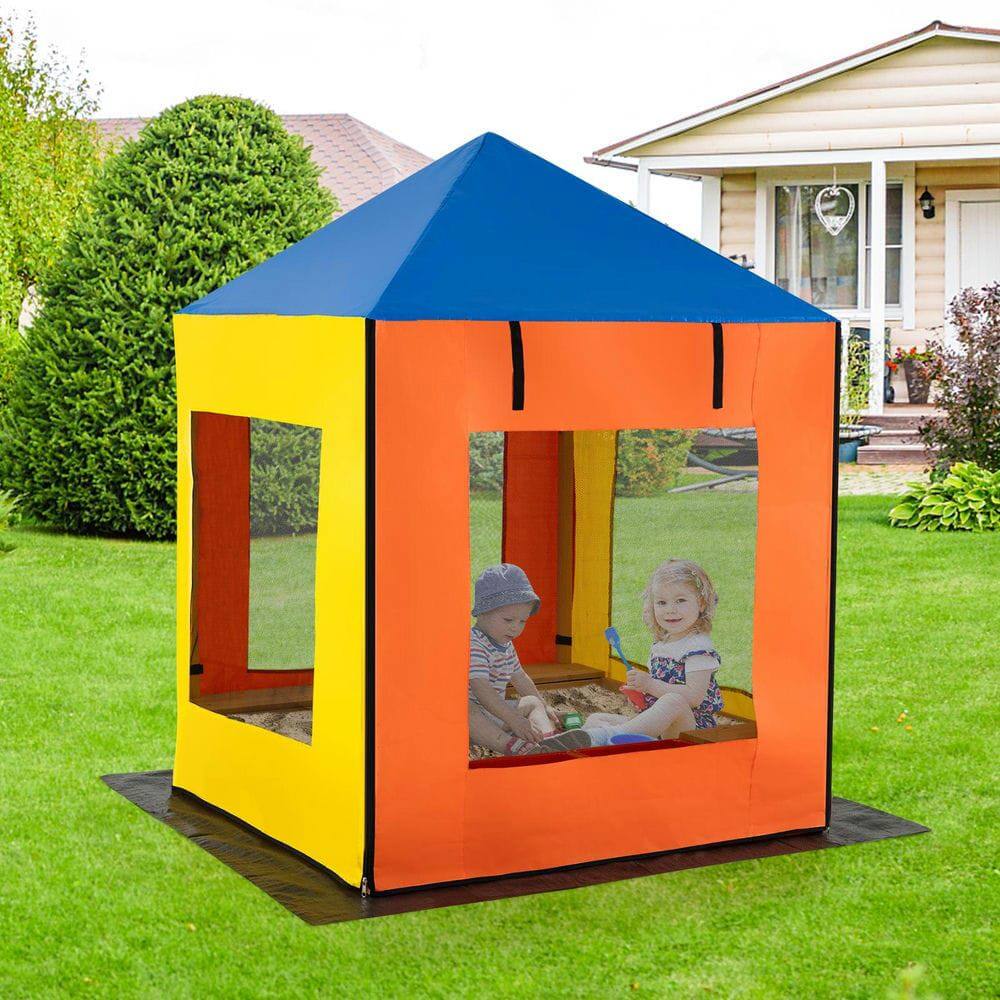 Back. Resenkos - Kids Wooden Sandbox with Canopy, Mesh Windows & Bottom Liner - Large Sand Pit for Outdoor Fun - Multicolor.