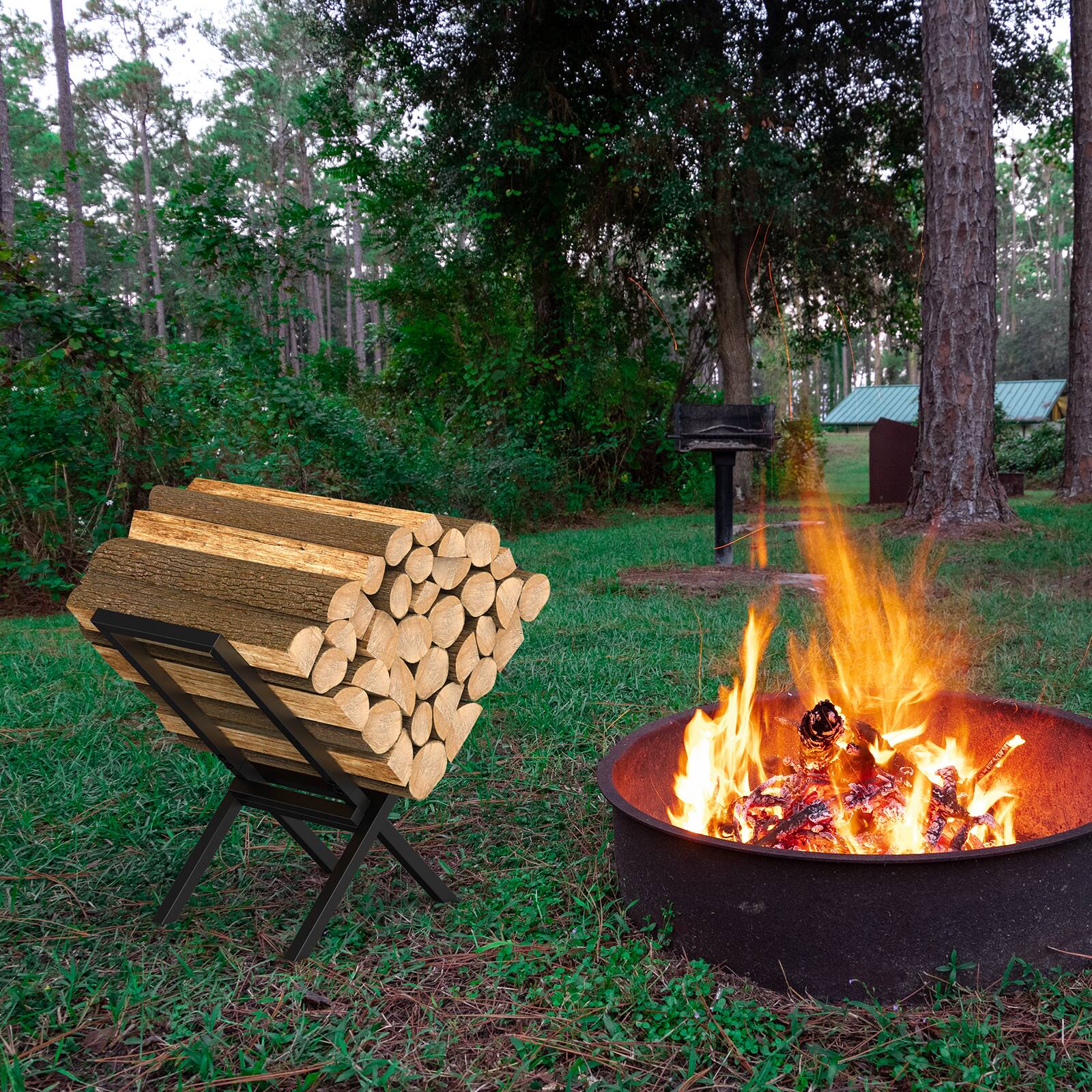 Alt View 4. Oumilen - Small X-Shaped Firewood Rack, Heavy Duty Metal Log Holder with Anti-Rust Coating for Indoor and Outdoor Use - Black.