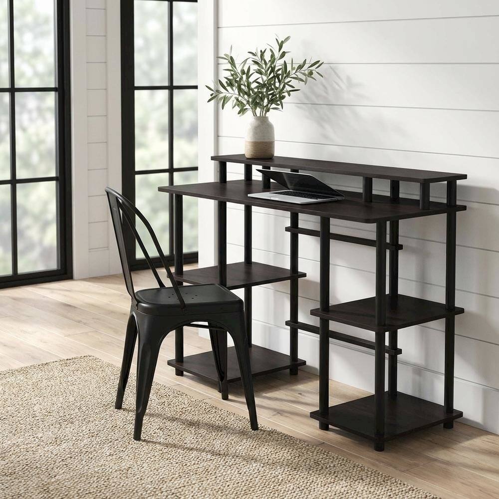 Angle. BisonOffice - Espresso And Black Computer Desk With Top Shelf For Office Spaces - Espresso/Black.