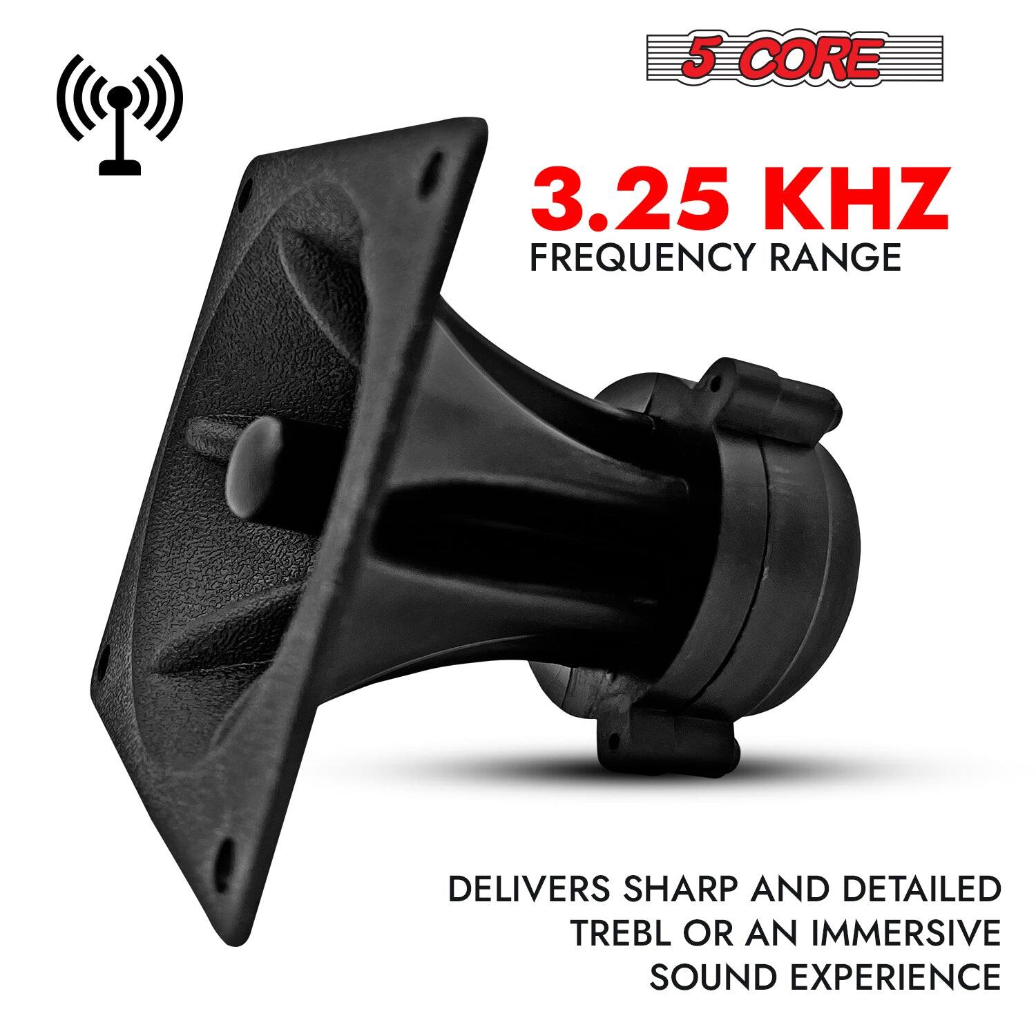 The corrected text is:

"5 CORE 3.25 KHZ FREQUENCY RANGE DELIVERS SHARP AND DETAILED TREBLE FOR AN IMMERSIVE SOUND EXPERIENCE"