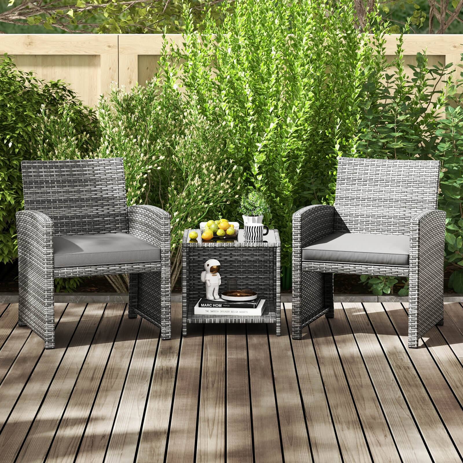 Alt View 3. Costway - Costway 3 PCS Patio Furniture Set with Tempered Glass Coffee Table & Soft Seat Cushions - Gray.