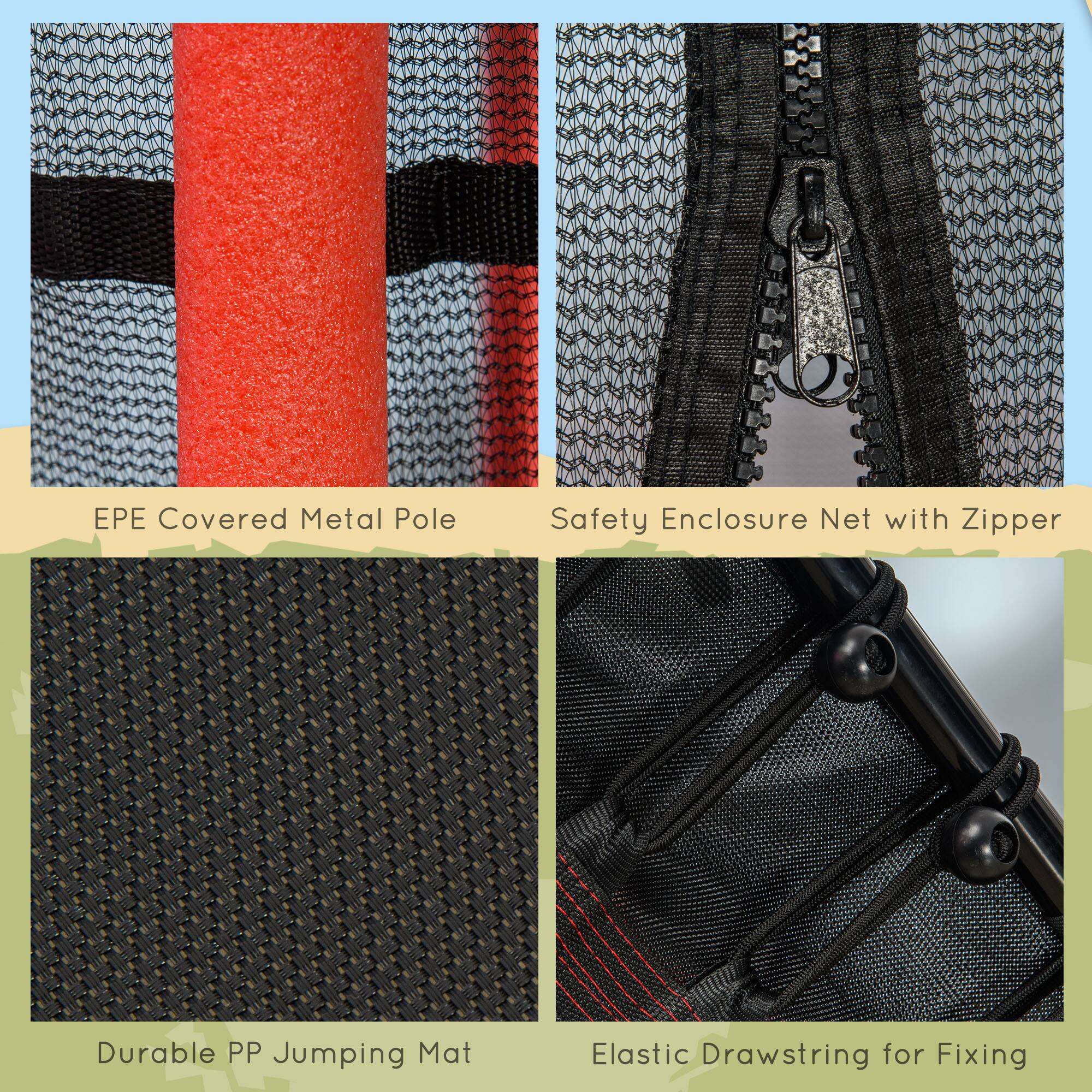 EPE Covered Metal Pole  
Safety Enclosure Net with Zipper  
Durable PP Jumping Mat  
Elastic Drawstring for Fixing