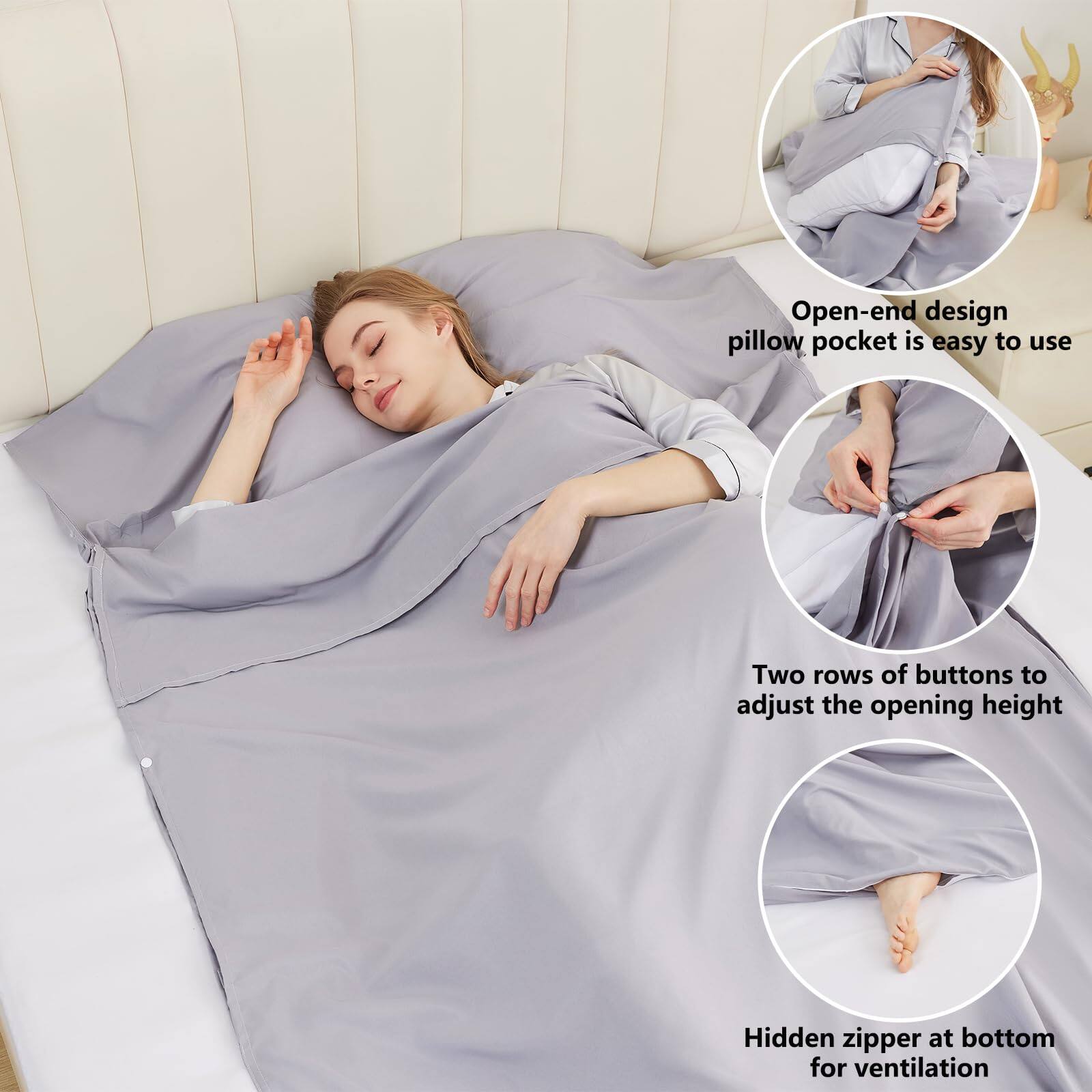 - Open-end design pillow pocket is easy to use
- Two rows of buttons to adjust the opening height
- Hidden zipper at bottom for ventilation