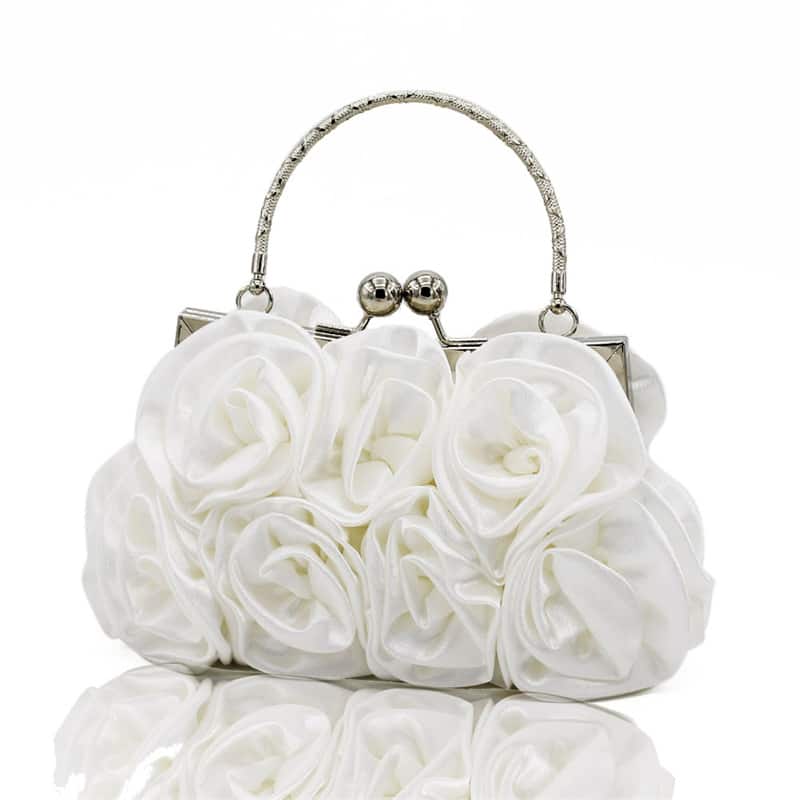 Auledio - Women's Roses Clutch Purse, Elegant Floral Evening Bag, Metal Handle Handbag with Detachable Strap for Wedding, Party - White