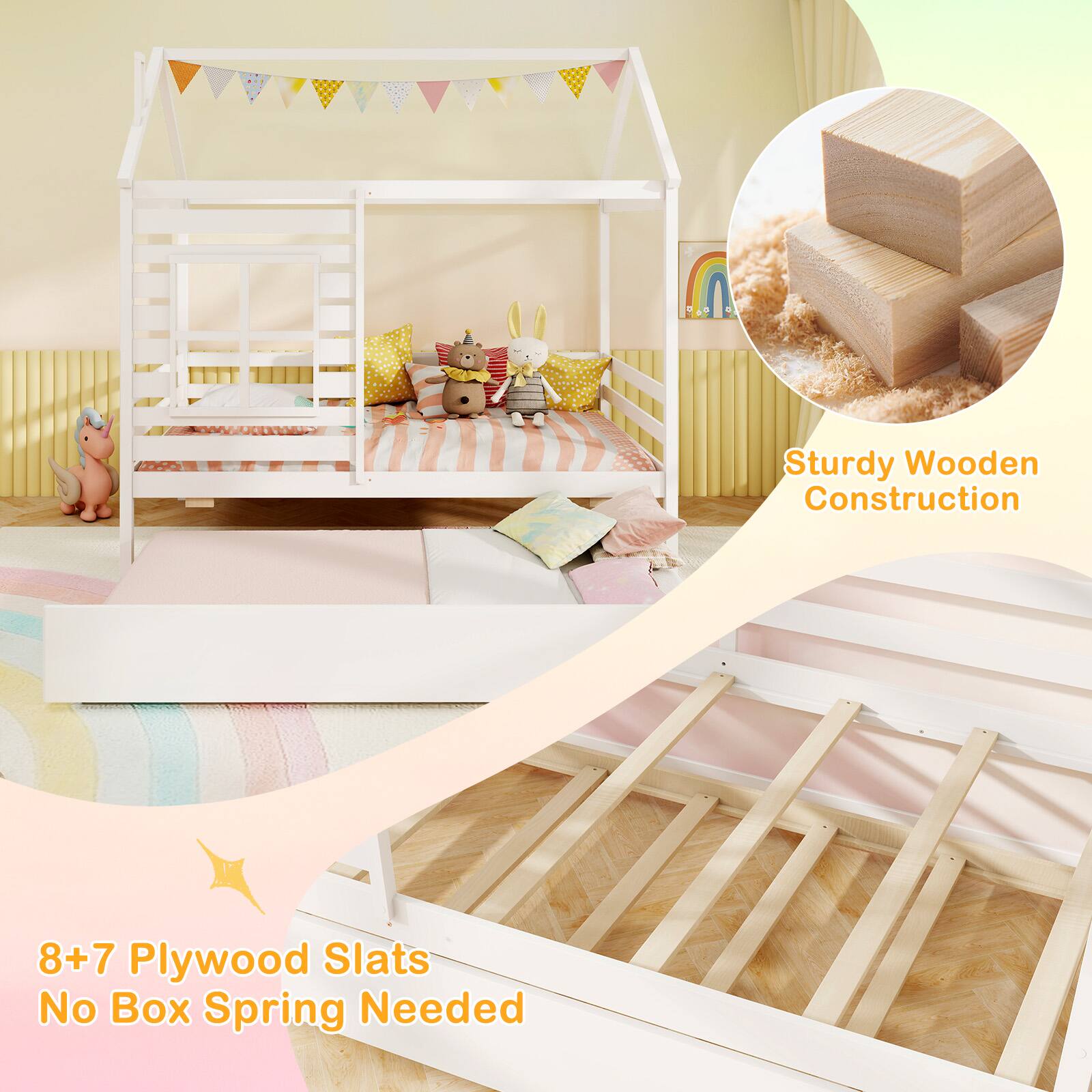 Sturdy Wooden Construction, 8+7 Plywood Slats, No Box Spring Needed