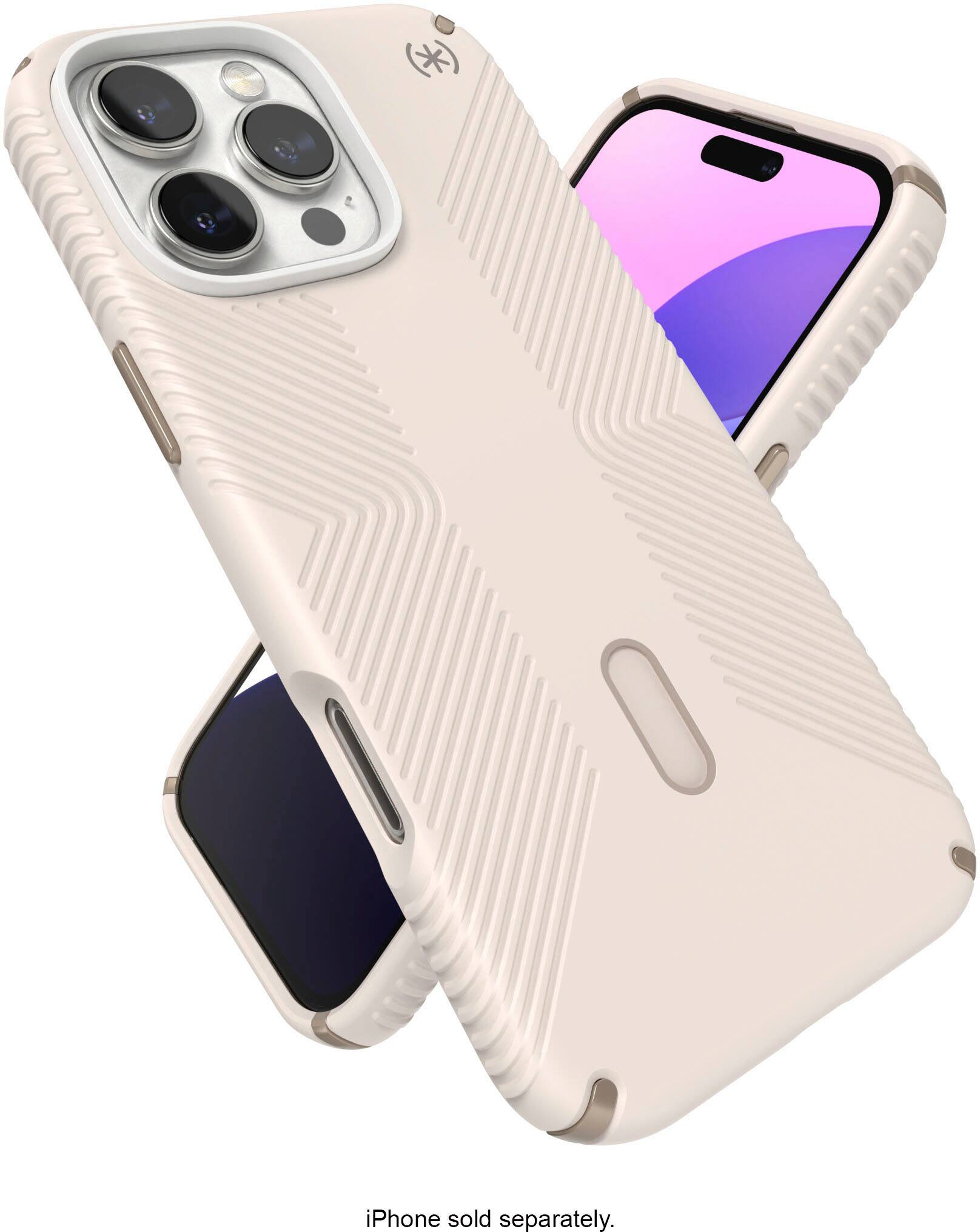 The image shows two iPhones, one with a case on it and the other without a case. The case is described as a "hard case" and is placed on top of the other iPhone. The text on the image reads "iPhone sold separately," indicating that the iPhones are not being sold together and must be purchased separately.