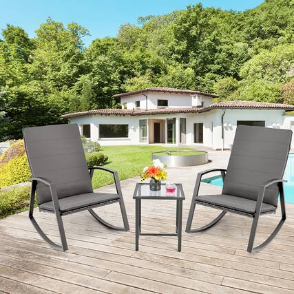 Front. Gymax - Gymax 3PCS Rattan Bistro Rocking Chair Set Patio Furniture Set w/ Gray Cushions - Gray.