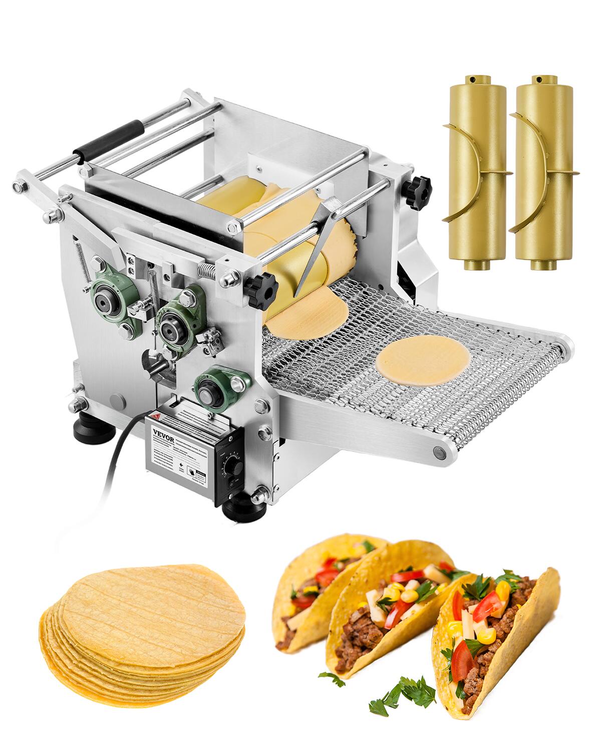 Front. VEVOR - Electric Tortilla Maker, Automatic Corn Tortilla Making Machine with Non-Stick Coating and Two Molds(4 in + 6 in) - Sliver.