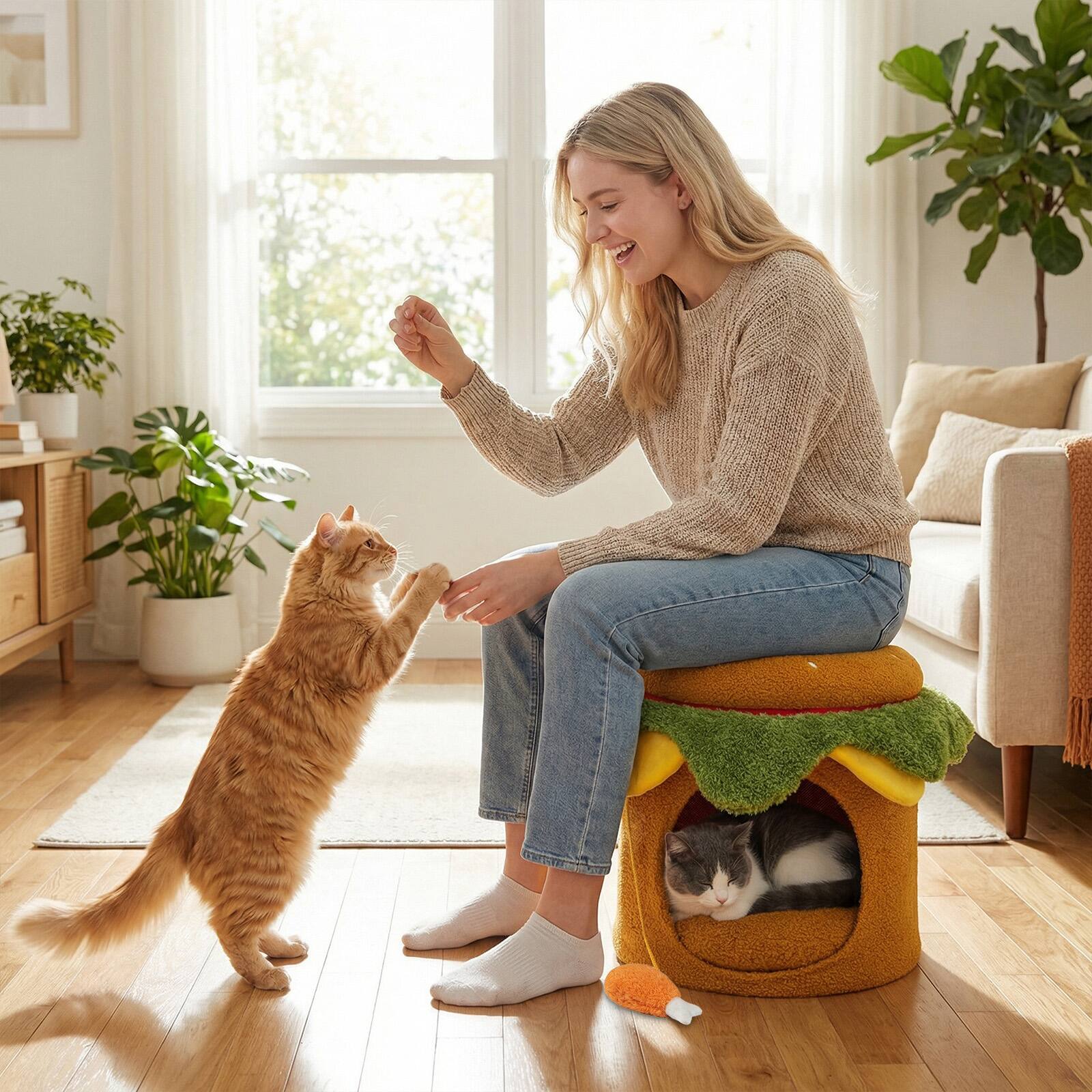 Alt View 3. Gymax - Gymax Hamburger Cat Nest w/Perch Chicken Drumstick Toy & Removable Cushion for Cats.