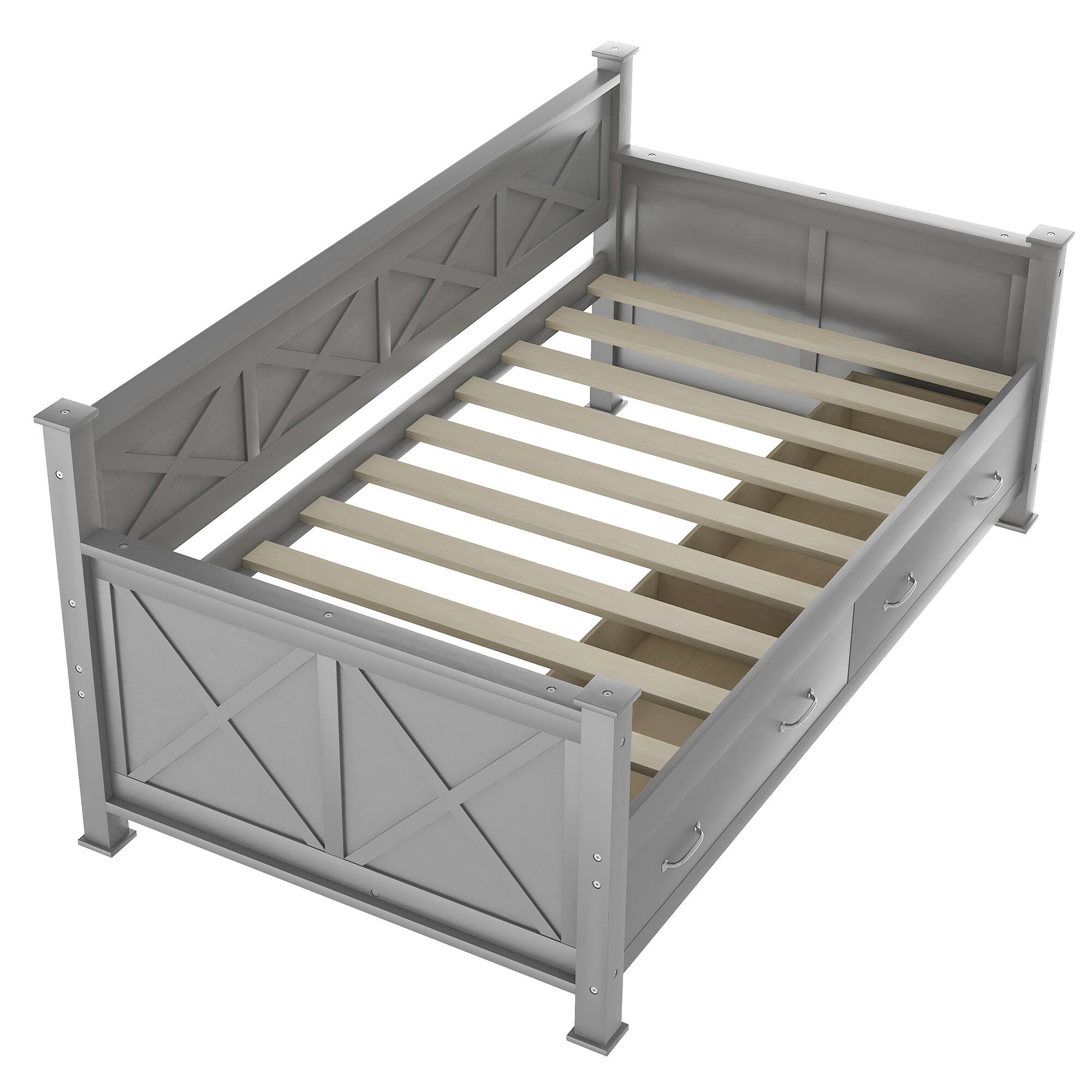Alt View 2. Tiramisubest - Twin Size Daybed with 2 Large Drawers, X-shaped Frame, Modern and Rustic Casual Style Daybed, Gray - Gray.