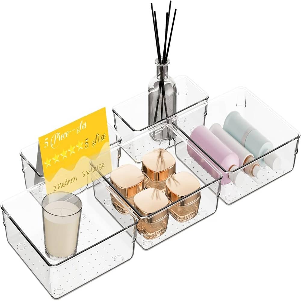 RTMB - A set of five clear plastic drawer organizers, two sizes of acrylic drawer storage