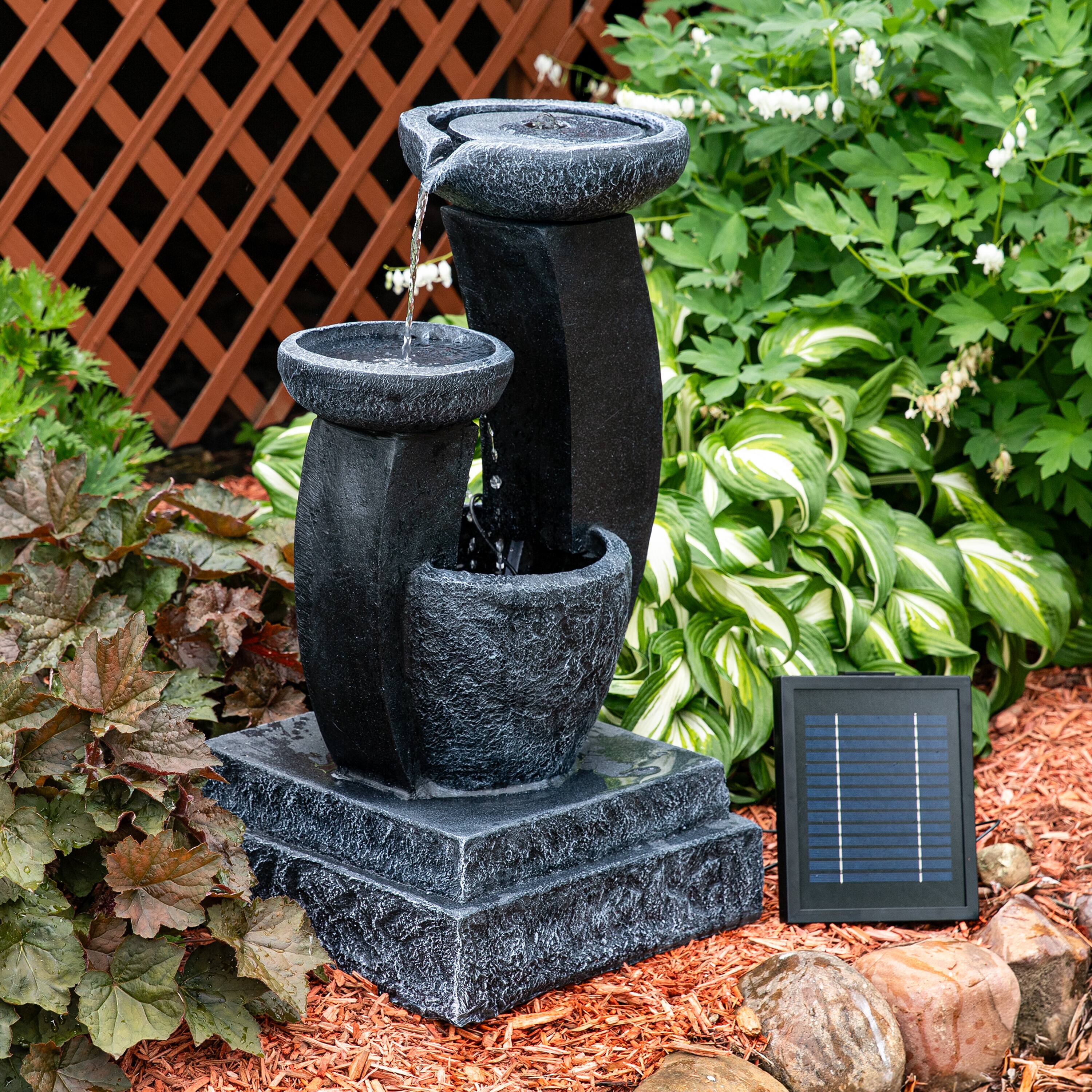 Alt View 3. Sunnydaze - Modern Cascading Bowls Solar Water Fountain with Battery - 28 in - Black.