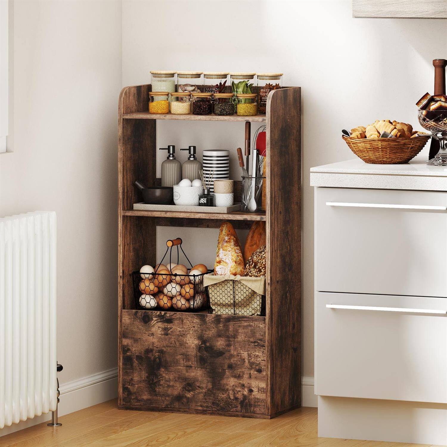 Alt View 3. Pefilos - Freestanding 3-Tier Open Bookshelf - Reinforced Structure Drawer Storage, Home Organizer, Rustic Brown - Brown.
