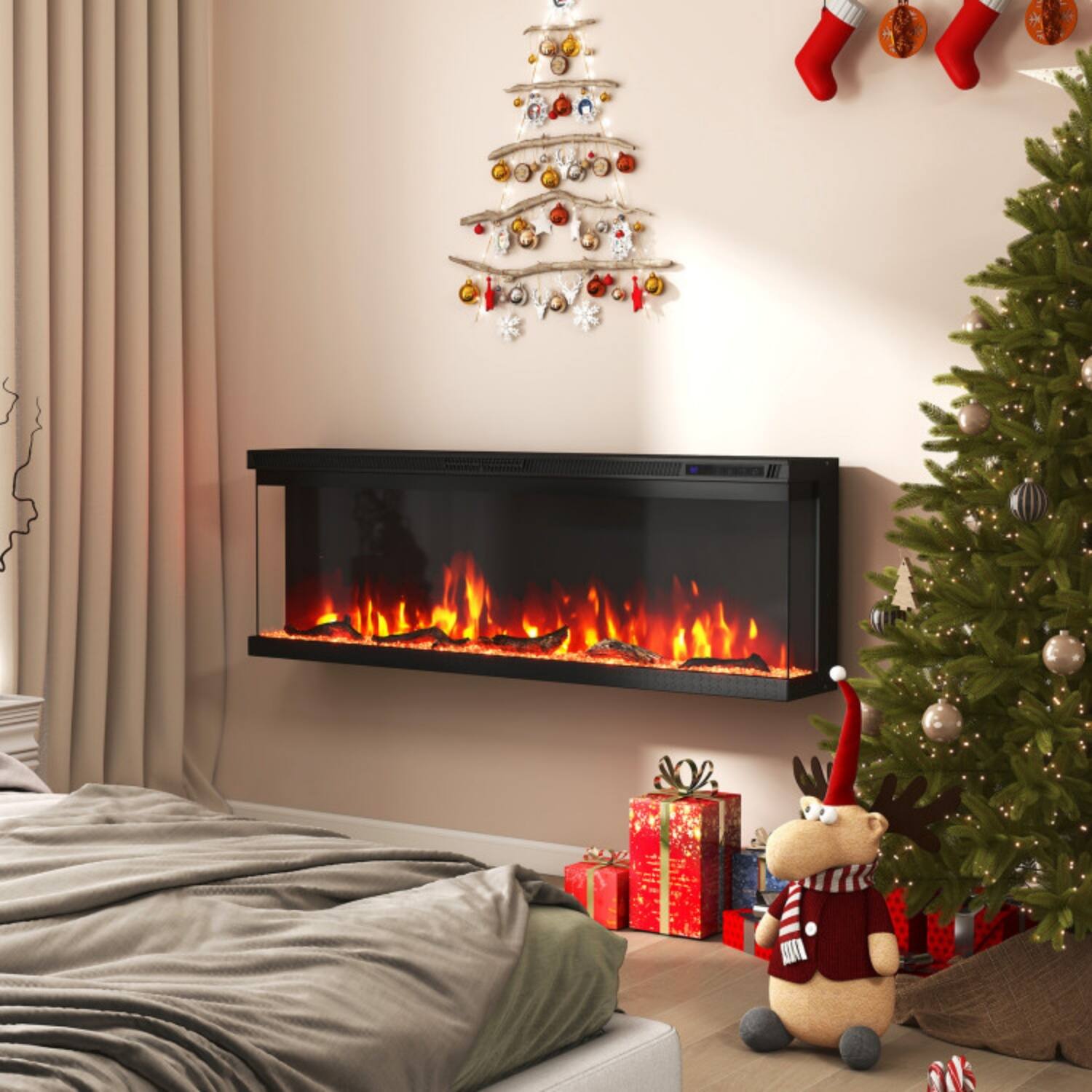 Back. LUCKY ONE - 50 Inch 3-Sided Electric Fireplace Insert with 12 Flame Colors & Remote - Black.