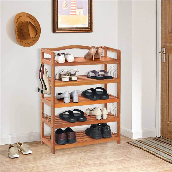 Alt View 8. Ecooso - 5-Tier Acacia Wood Shoe Rack with Side Metal Hooks - Natural.