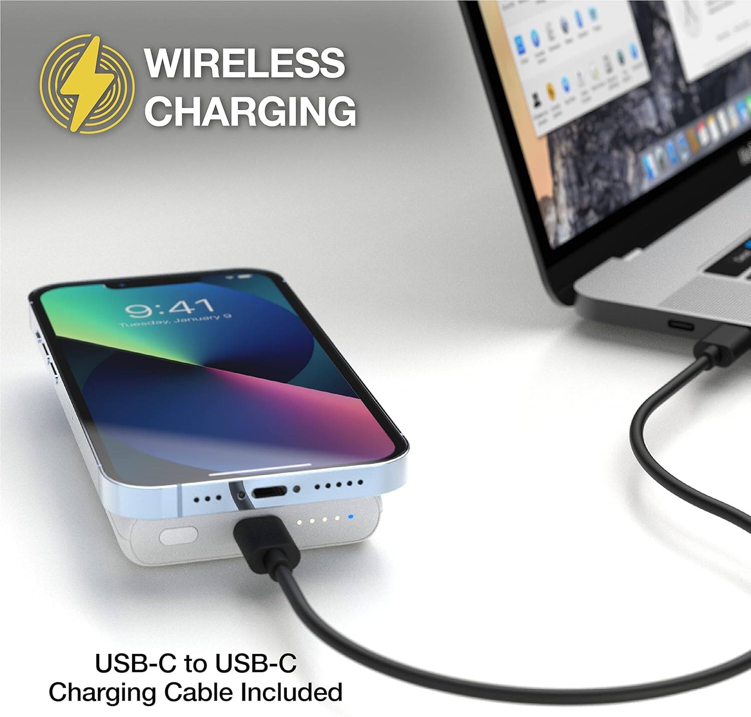 WIRELESS CHARGING

9:41 Tuesday, January 9

USB-C to USB-C Charging Cable Included