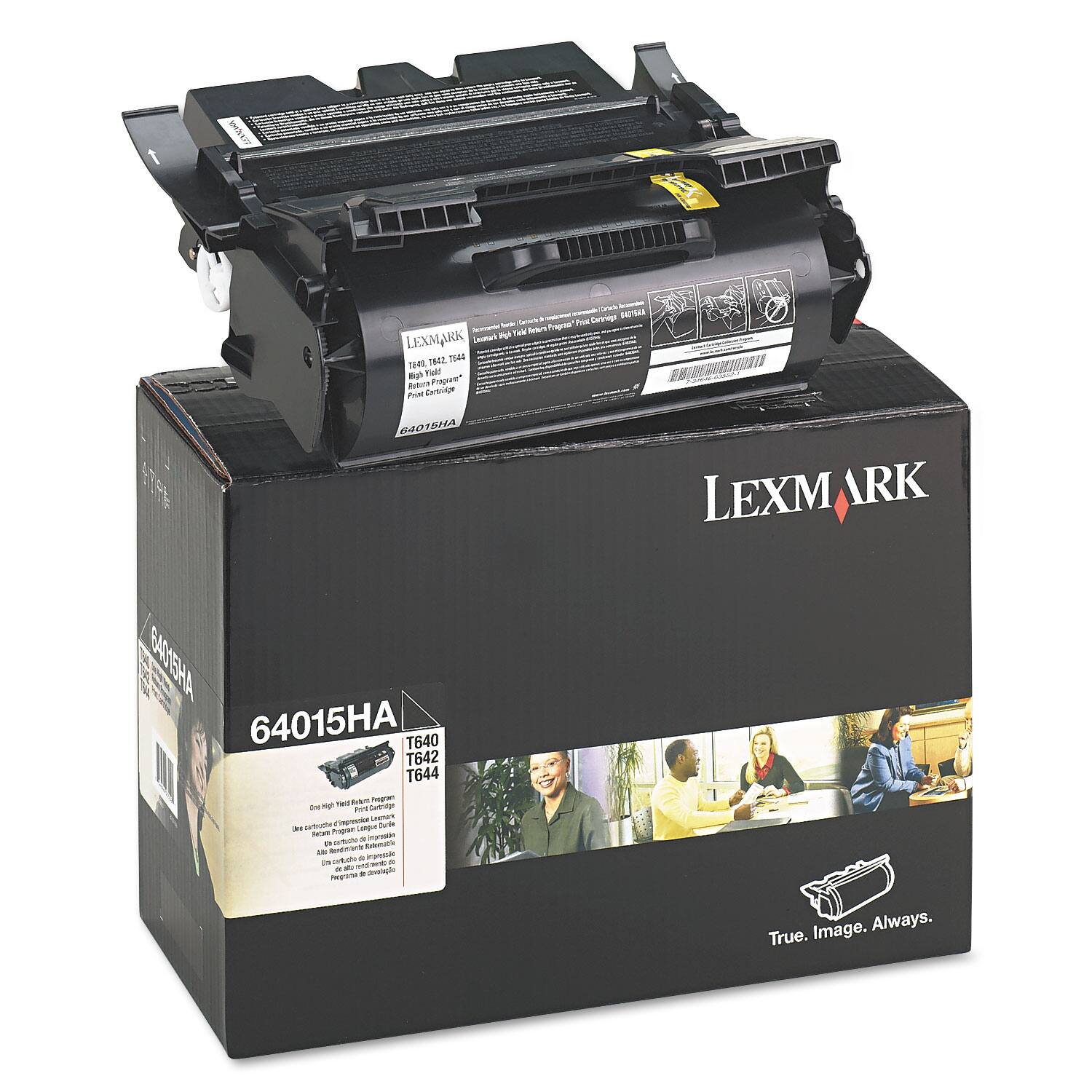Sure, here is the corrected and grouped text from the image:

---

**LEXMARK**

**64015HA**

**T640 T642 T644**

One High Yield Toner Cartridge

Use with Lexmark T640, T642, T644 Printers

**True. Image. Always.**

---

**Product Details:**

- **Part Number:** 64015HA
- **Toner Cartridge:** High Yield
- **Print Cartridge:** T640, T642, T644
- **Use with Lexmark T640, T642, T644 Printers**
- **Use with Lexmark T640, T642, T644 Printers**
- **Use with Lexmark T640, T642, T644 Printers**

---

**Instructions:**

- **Print Cartridge Installation:**
  - Remove the toner cartridge from the box.
  - Open the printer cover.
  - Remove the old toner cartridge.
  - Insert the new toner cartridge.
  - Close the printer cover.

---

**Warning: