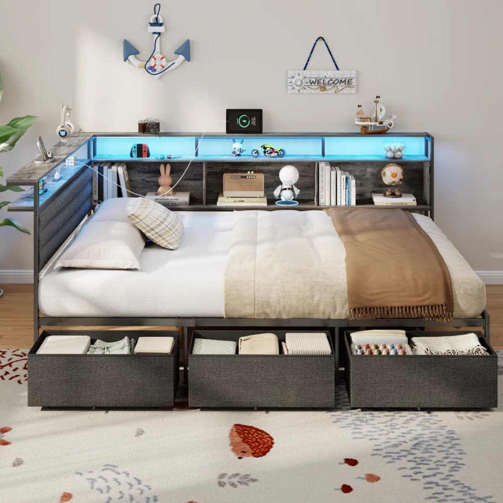 Furnulem - Corner Bed Frame with 3 Drawers and Storage Bookcase Daybed with Charging Station and LED Lights - Gray